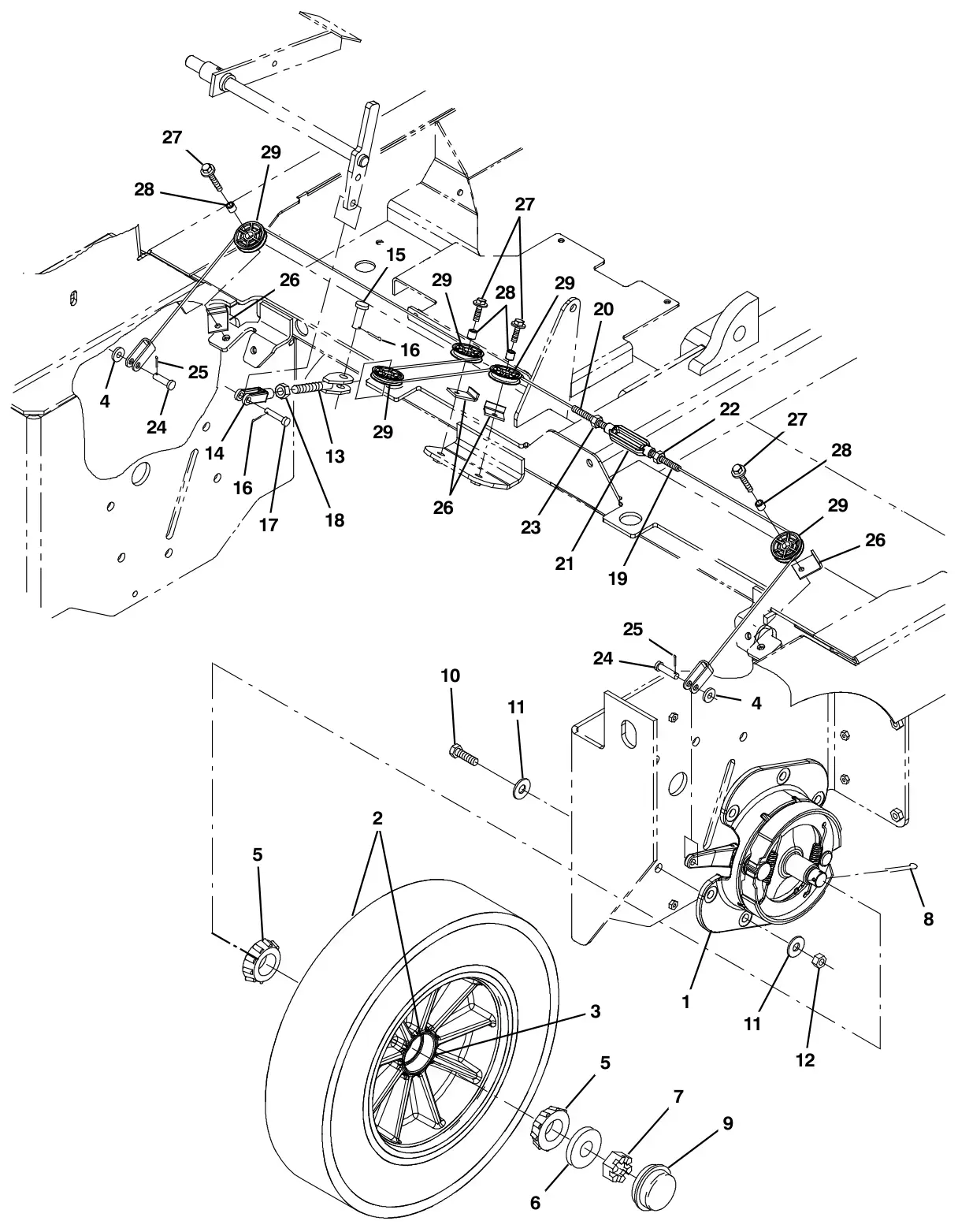 Tennant S30 Diesel wheel and brakes group, front solid (standard) drawing, manual page 64