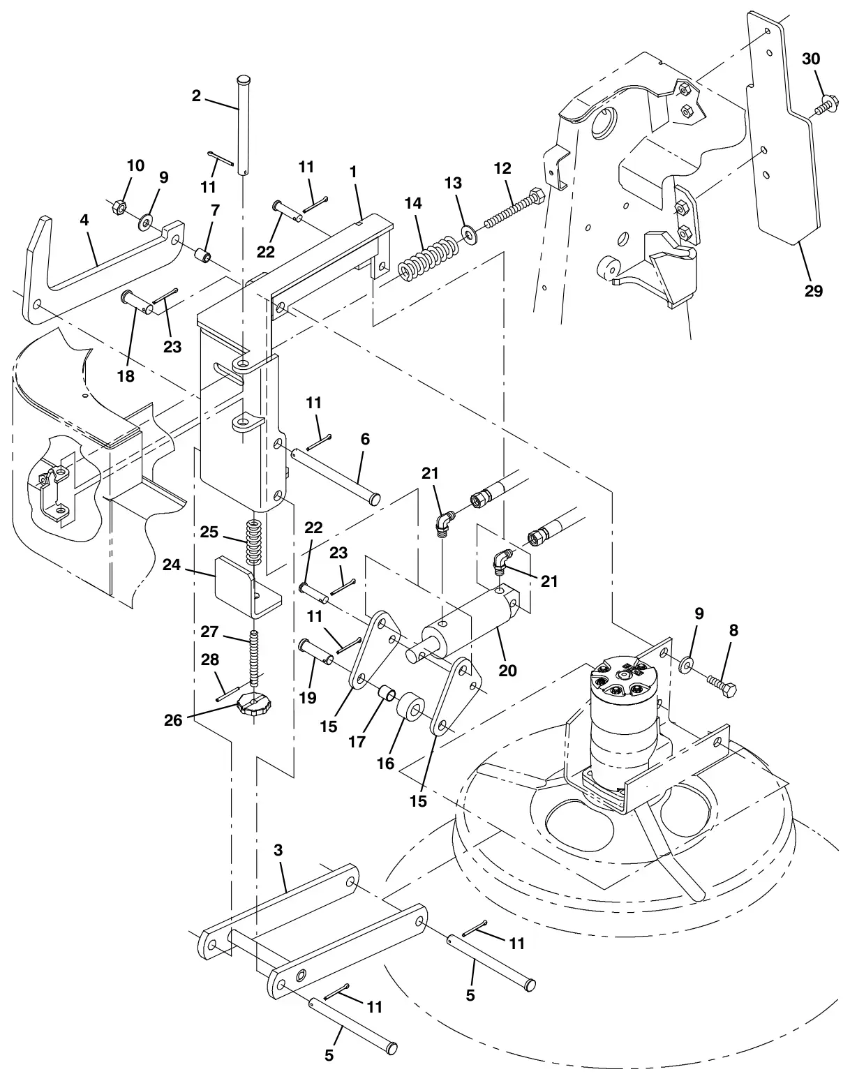 Tennant S30 Diesel side brush lift and pivot group, s30 xp and x4 drawing, manual page 102