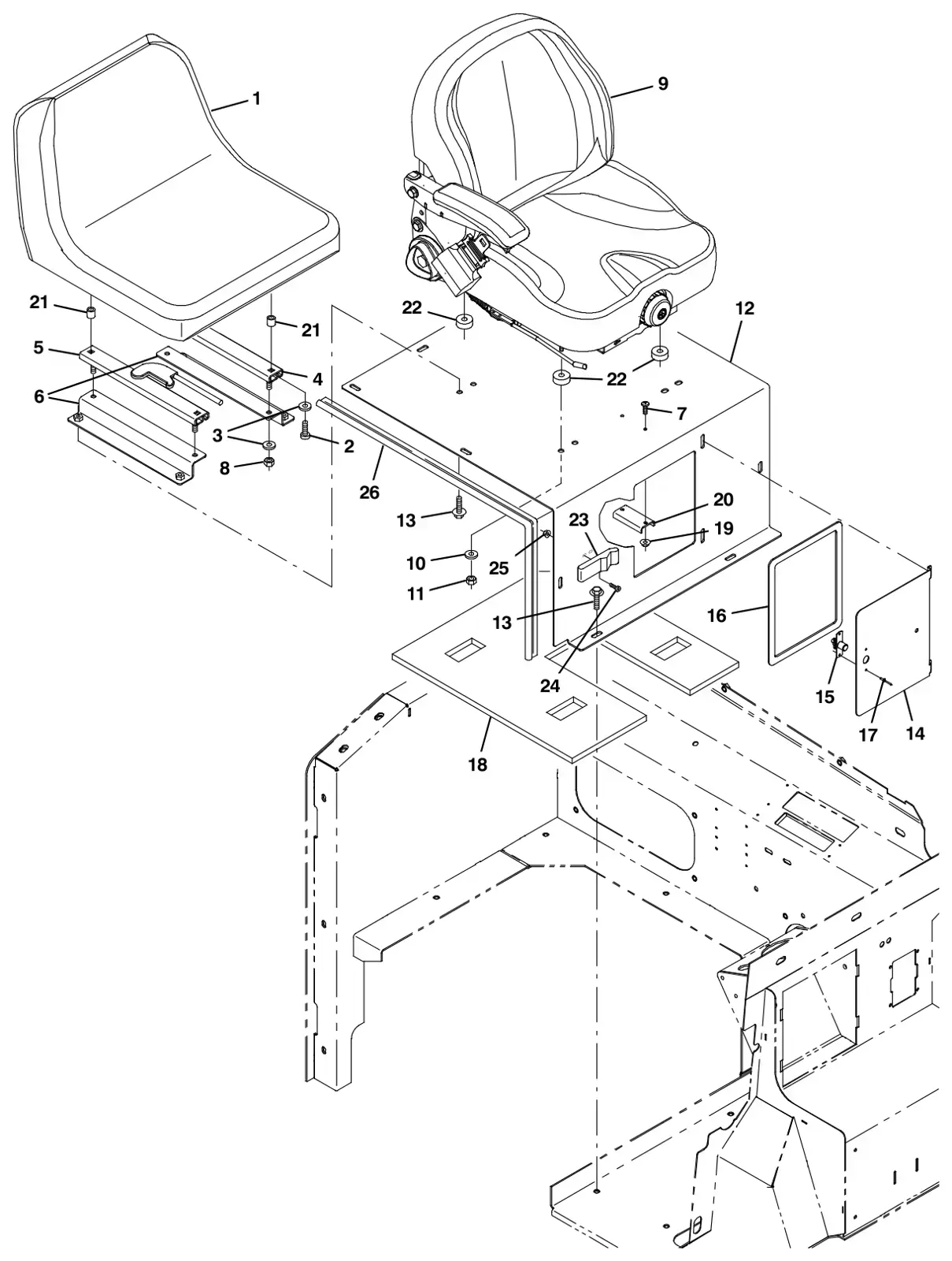 Tennant S30 Diesel seat and shroud group drawing, manual page 24