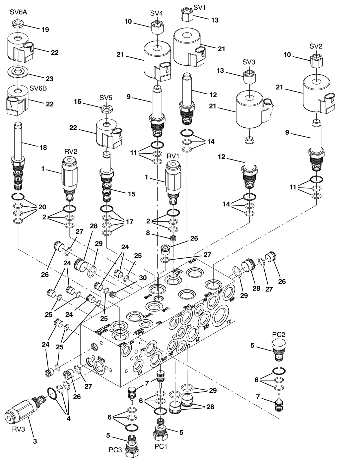 Tennant S30 Diesel hydraulic valve breakdown, 1040091 (component breakdown) drawing, manual page 4-4