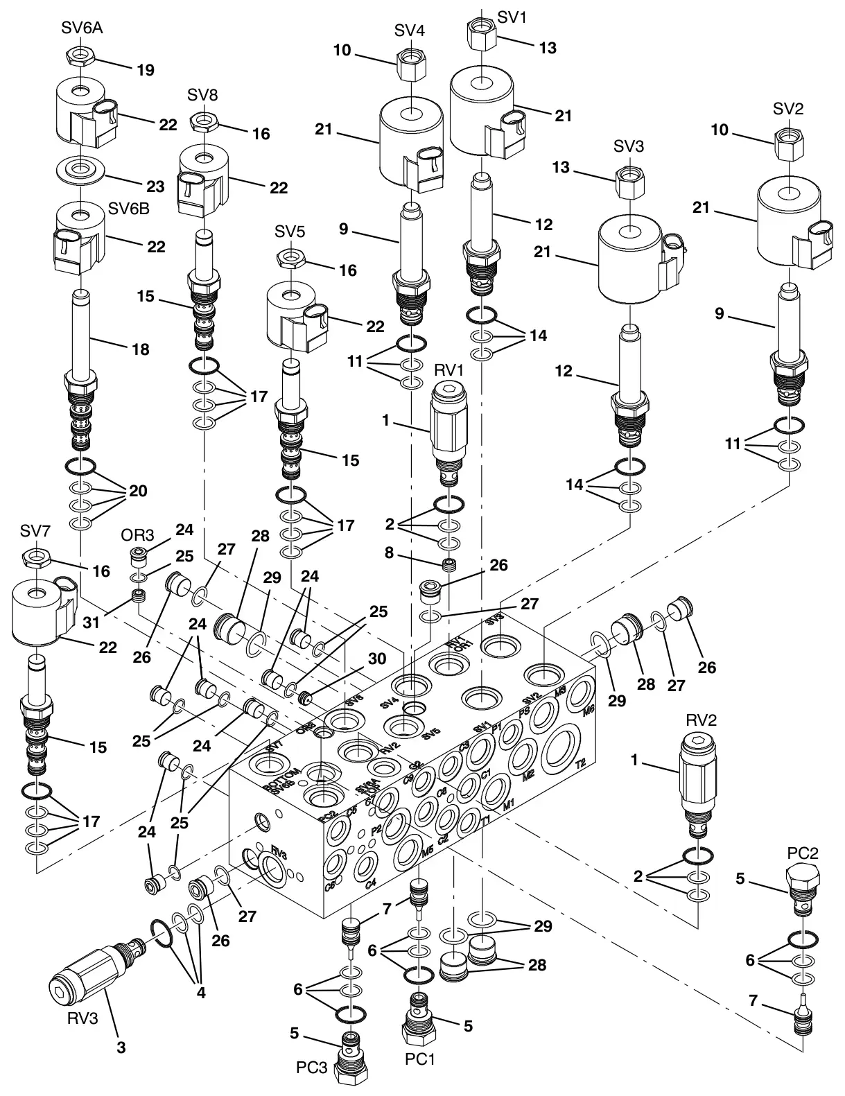 Tennant S30 Diesel hydraulic valve breakdown, 1034671 (component breakdown) drawing, manual page 4-6