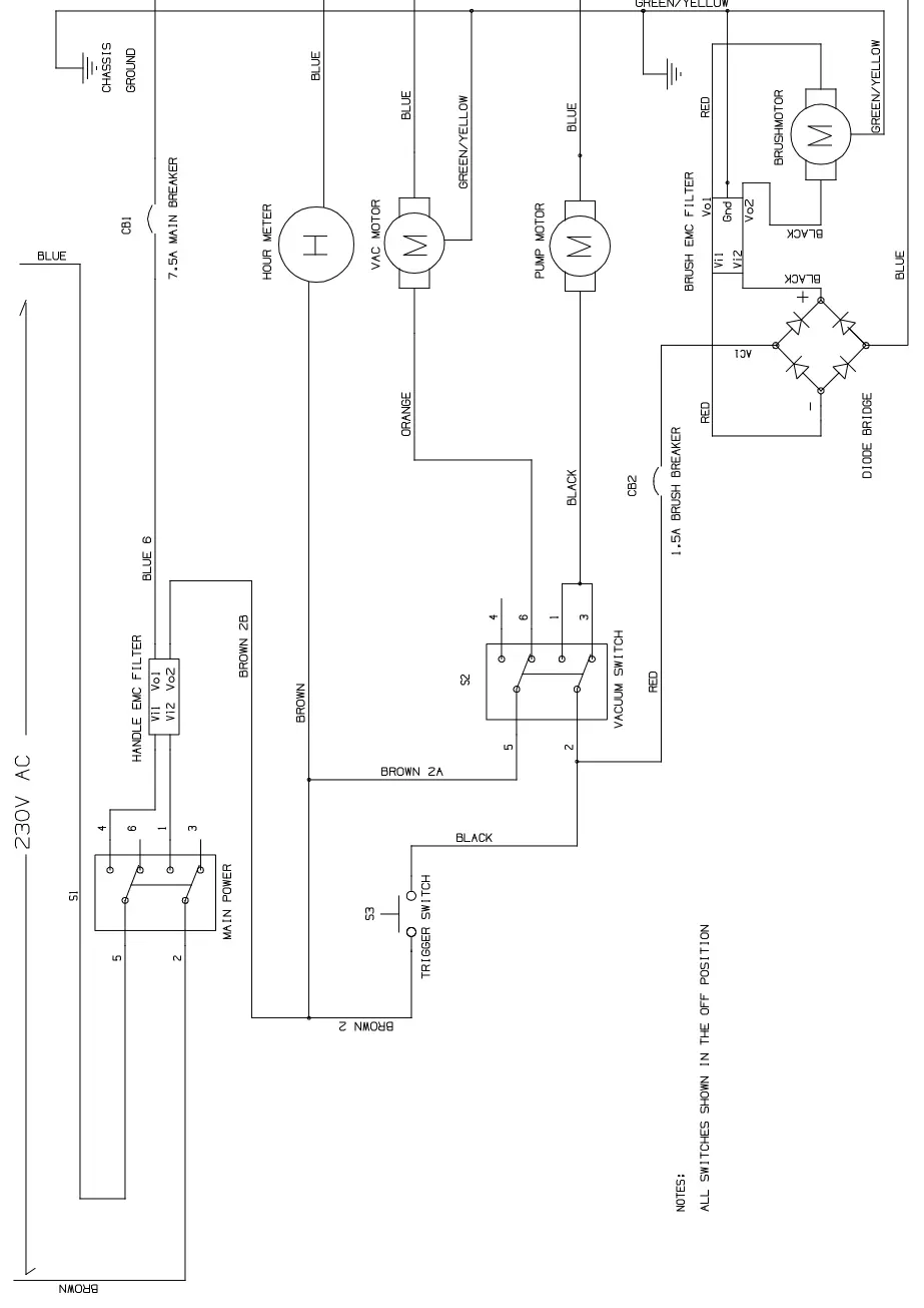 Tennant T1 electrical diagram, 230v (t1 corded, s/n 10000000-20000000), manual page 35