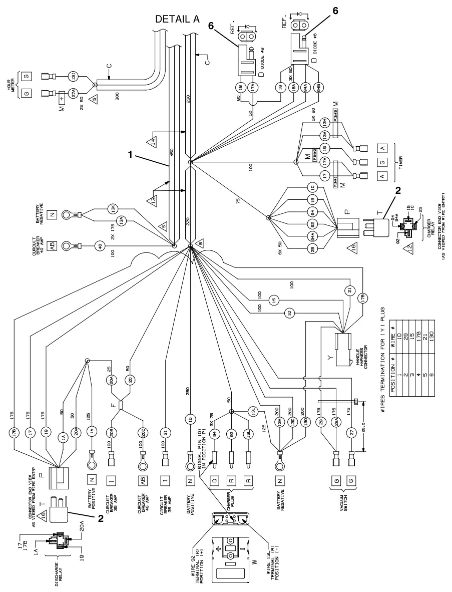 Tennant T1 wire harness, main (s/n 00000000-10575377), overview drawing, item 6 diode (t1 li battery), manual page 36