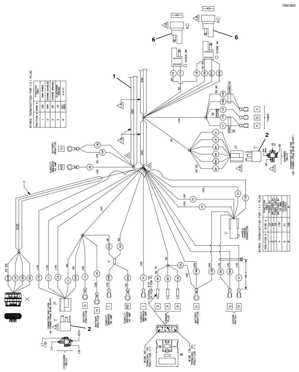 Tennant T1 wire harness, main (s/n 10575378 and later), overview drawing, item 6 diode (t1 li battery), manual page 34