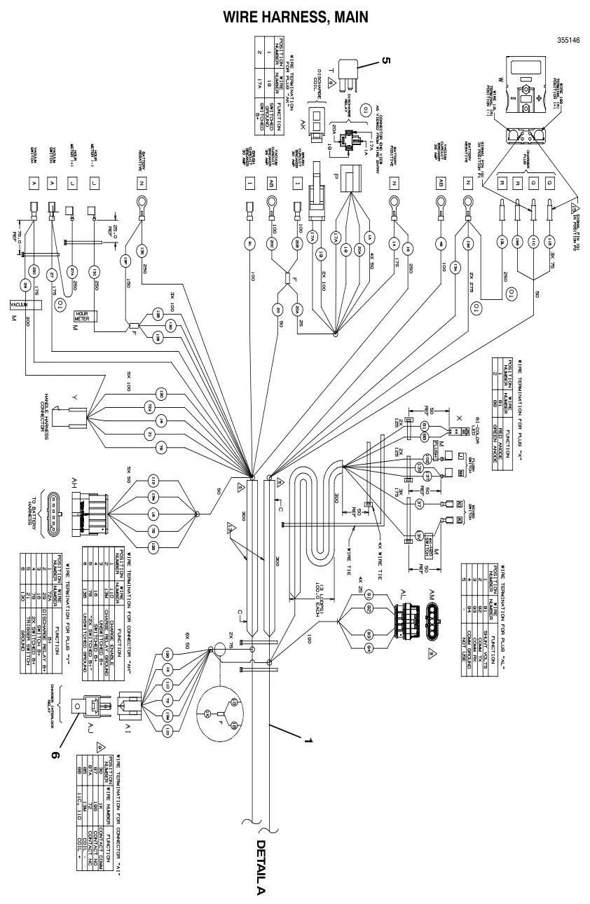 Tennant T1 wire harness, main (overview drawing, item 6 relay) (t1b battery), manual page 40