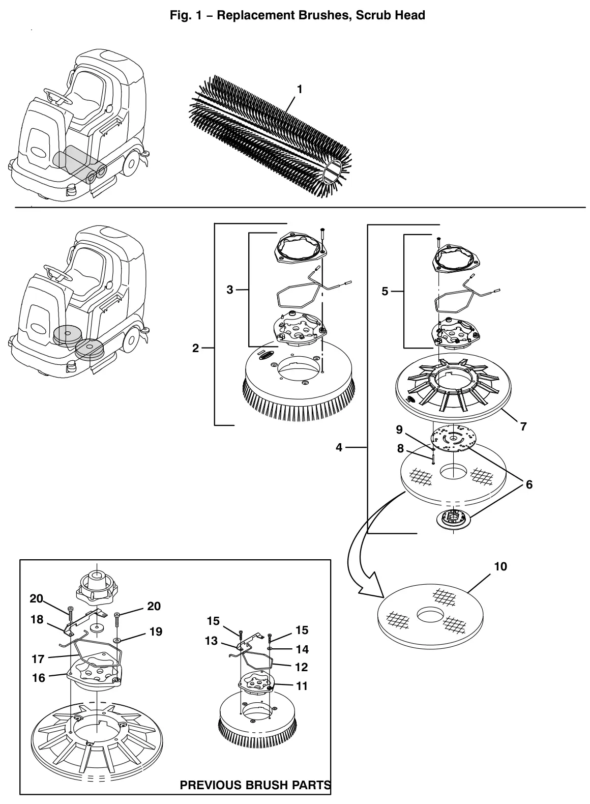 Tennant T12 replacement brushes, scrub head drawing, manual page 8