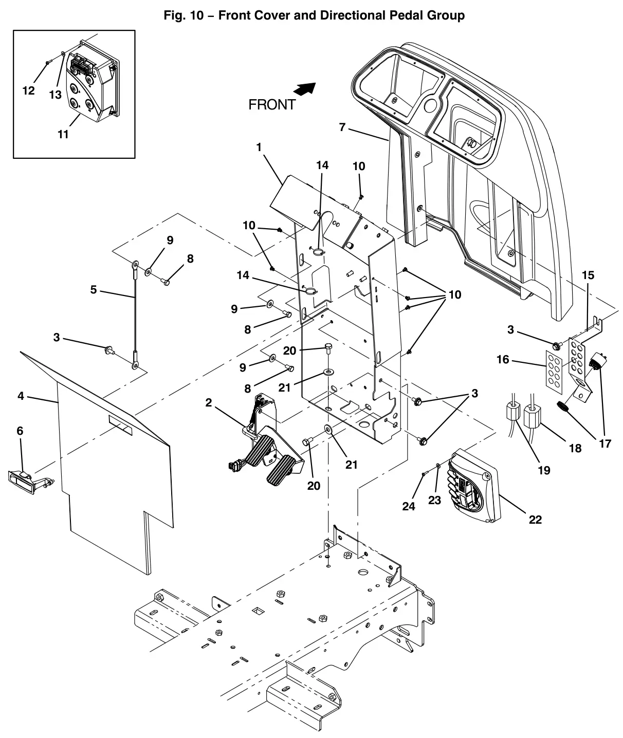 Tennant T12 front cover and directional pedal group drawing, manual page 26