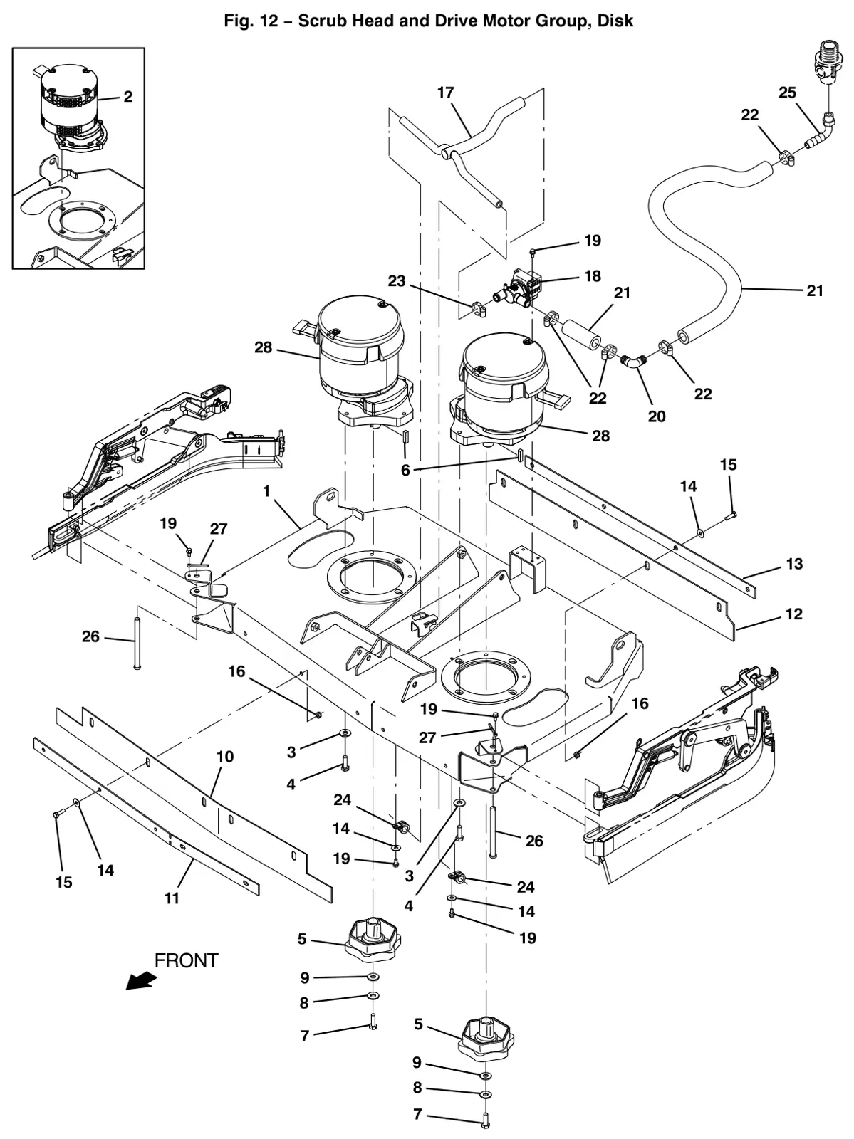 Tennant T12 scrub head and drive motor group, disk drawing, manual page 30