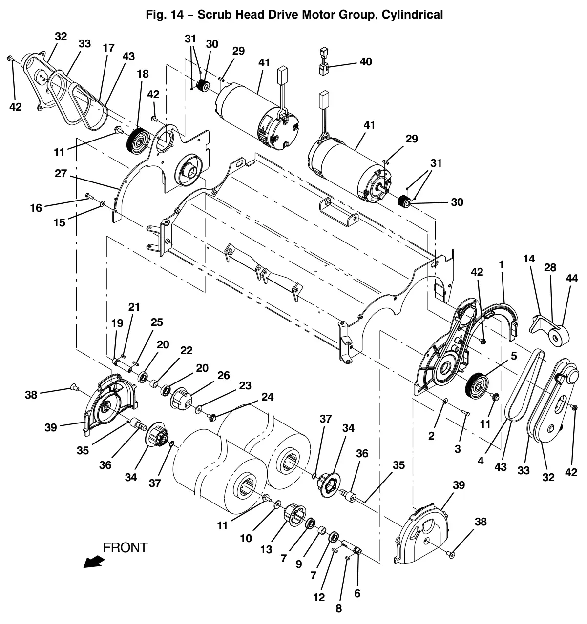 Tennant T12 scrub head drive motor group, cylindrical drawing, manual page 34