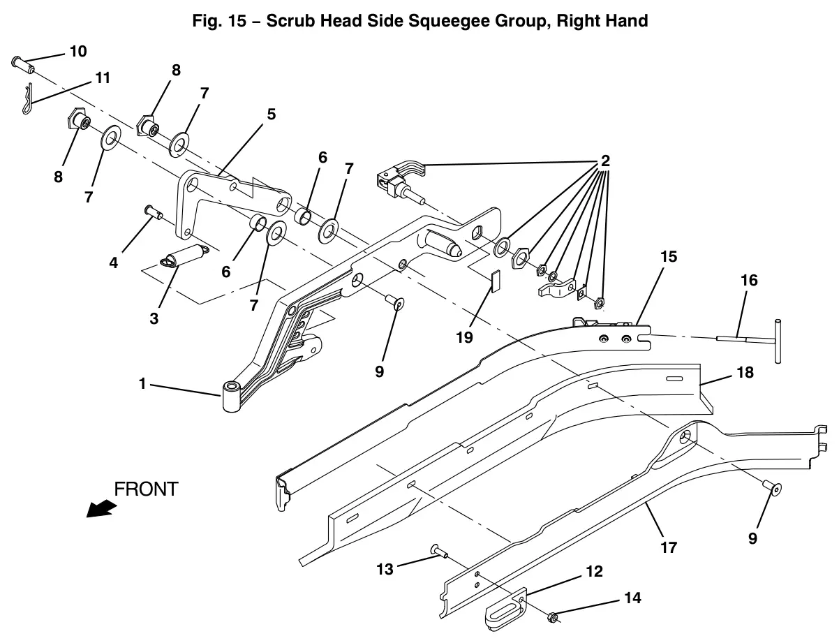 Tennant T12 scrub head side squeegee group, right hand drawing, manual page 36