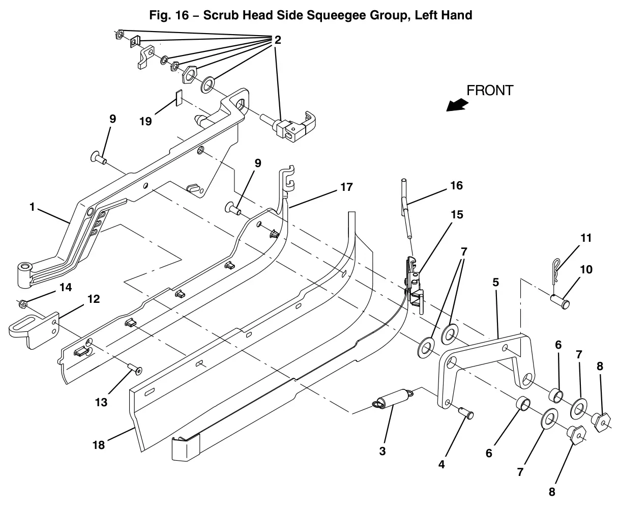 Tennant T12 scrub head side squeegee group, left hand drawing, manual page 38