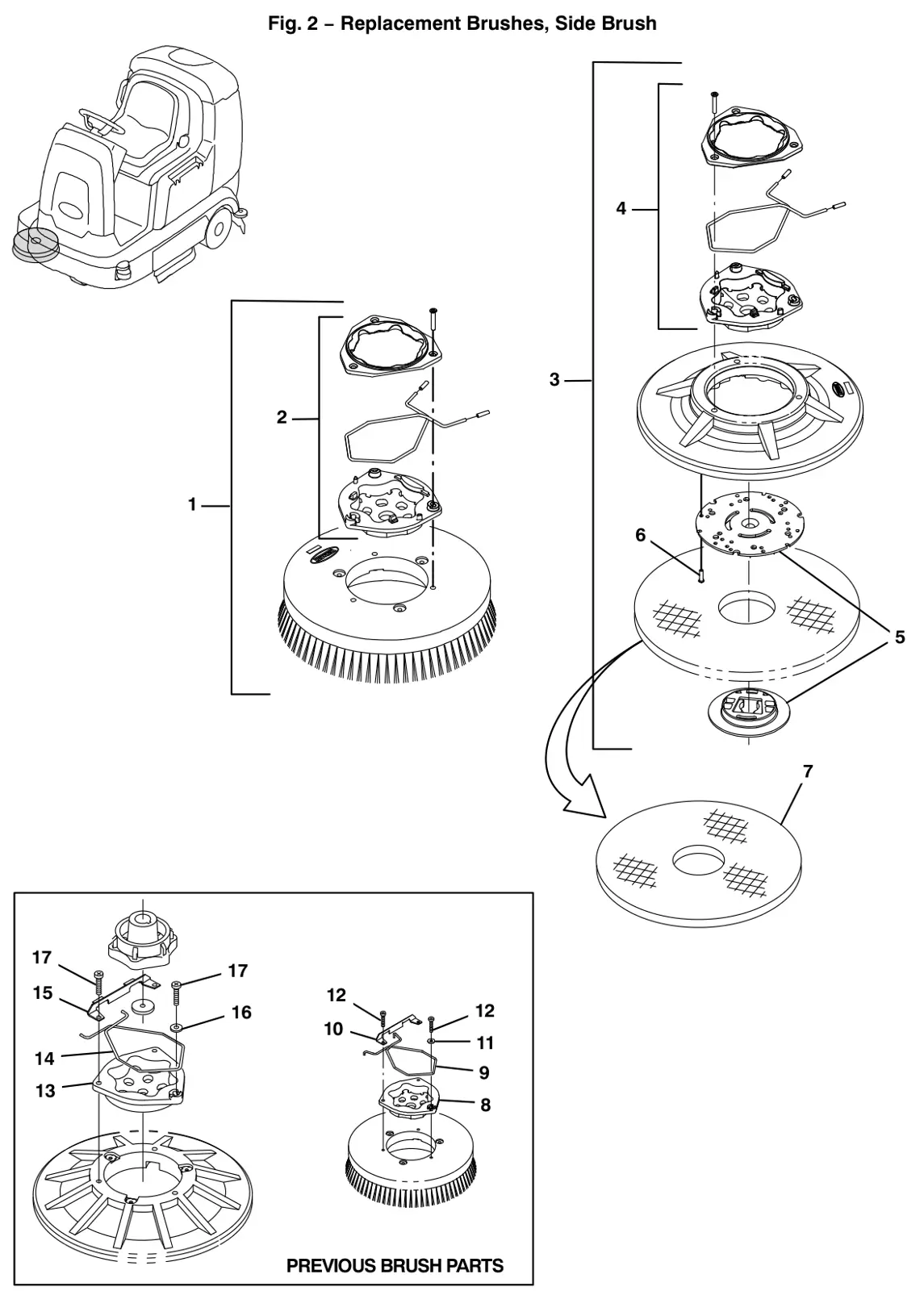Tennant T12 replacement brushes, side brush drawing, manual page 10