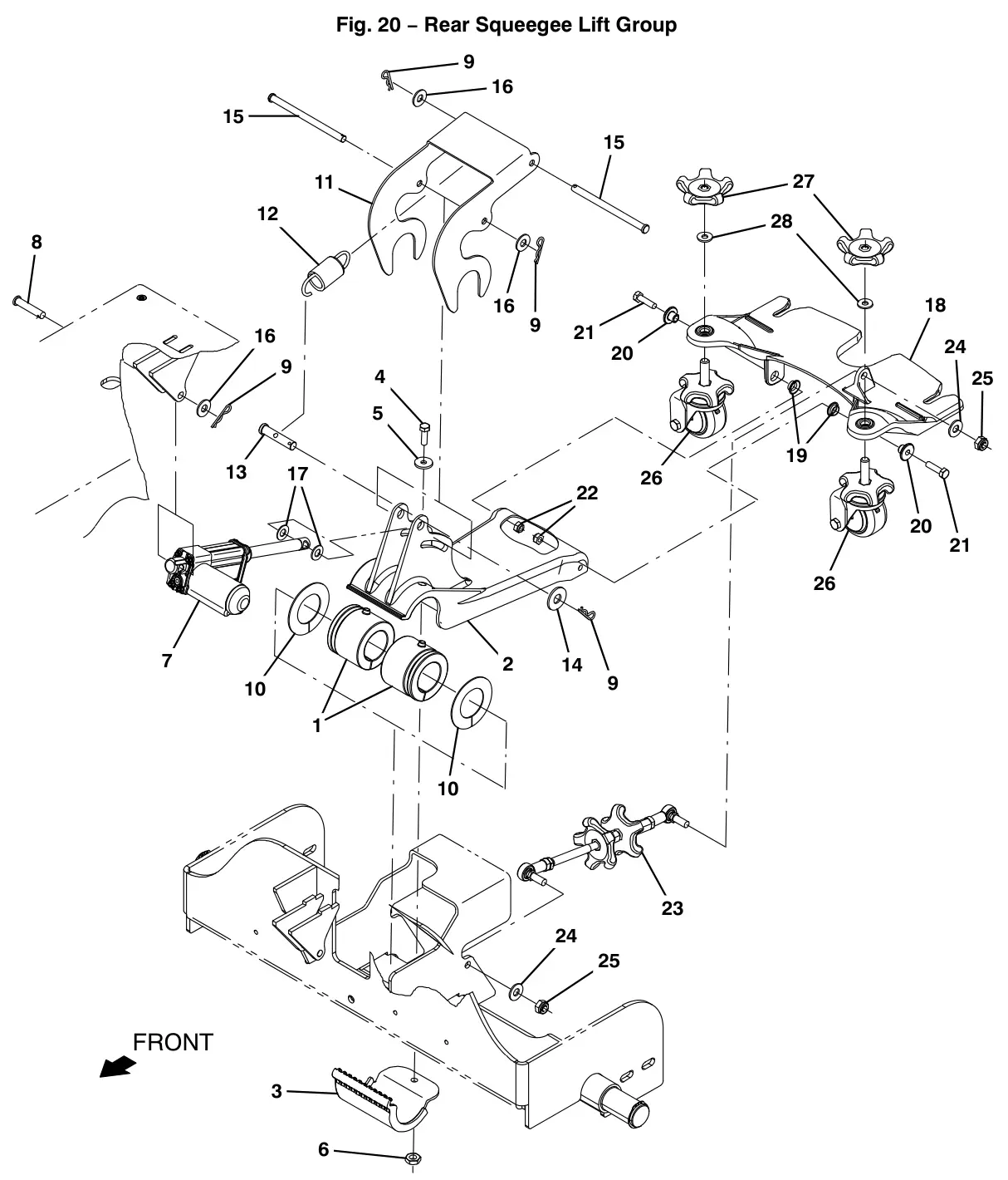 Tennant T12 rear squeegee lift group drawing, manual page 46