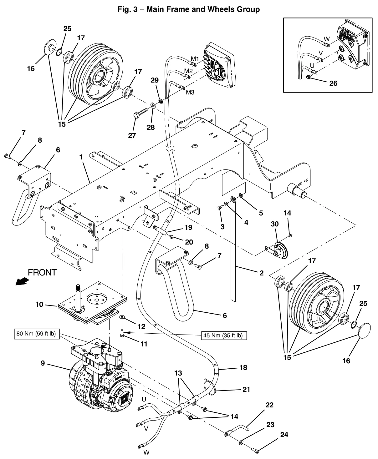Tennant T12 main frame and wheels group drawing, manual page 12