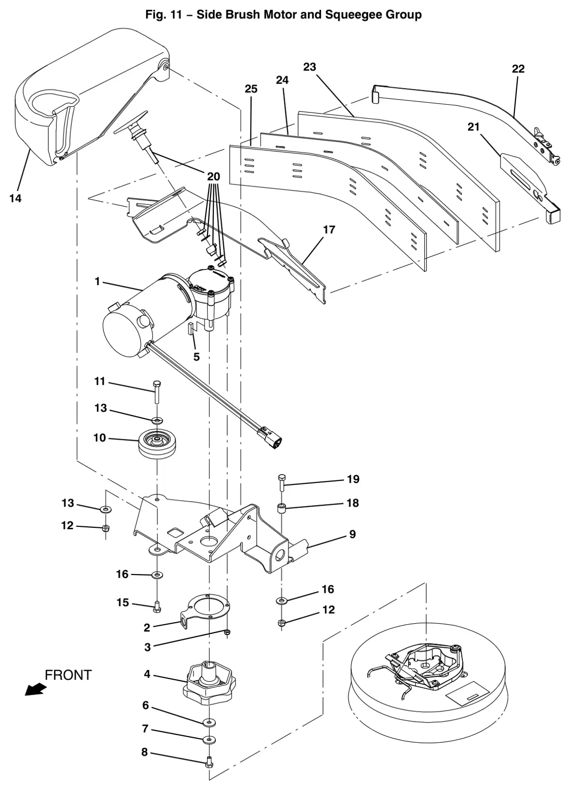 Tennant T12 side brush motor and squeegee group (option) drawing, manual page 80