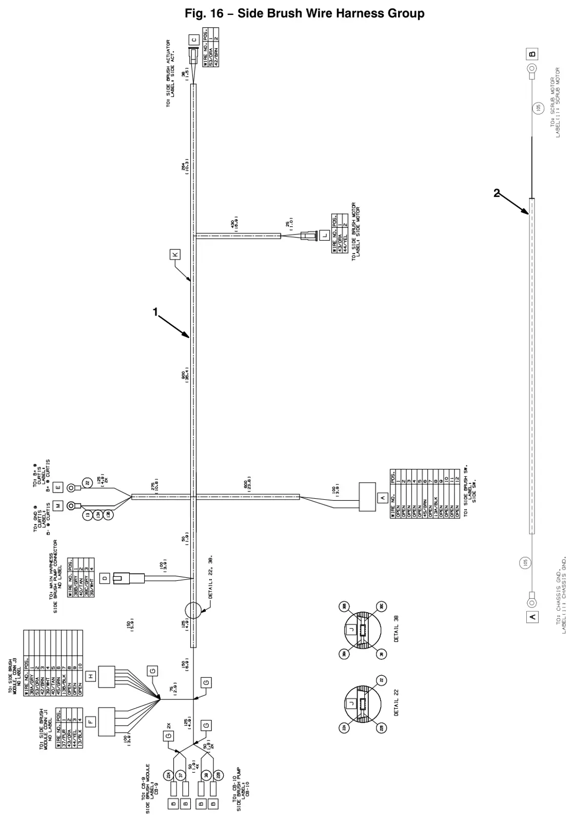 Tennant T12 side brush wire harness group (option) drawing, manual page 90