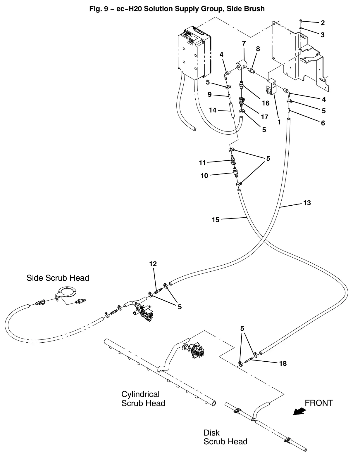 Tennant T12 ec-h20 solution supply group, side brush (option) drawing, manual page 76