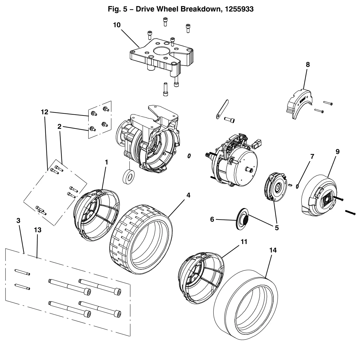Tennant T12 drive wheel breakdown, 1255933 (component breakdown) drawing, manual page 132
