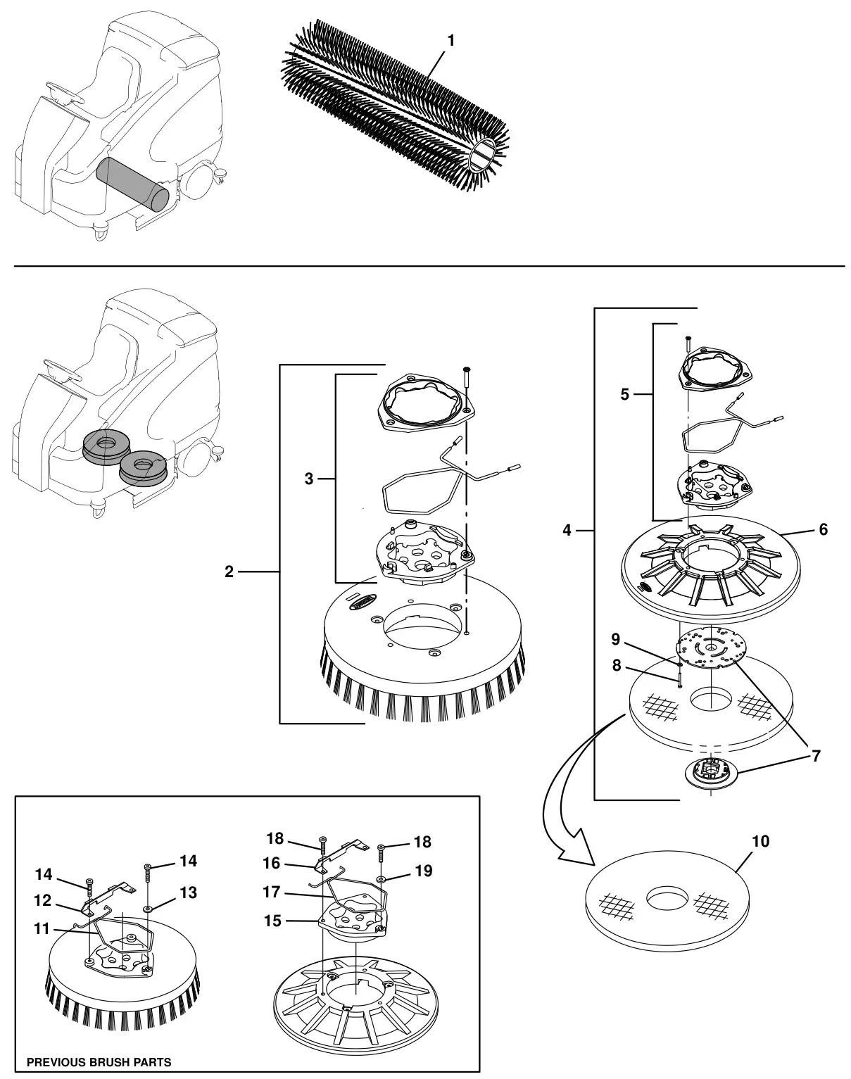 Tennant T16 replacement brushes, scrub head drawing, manual page 8