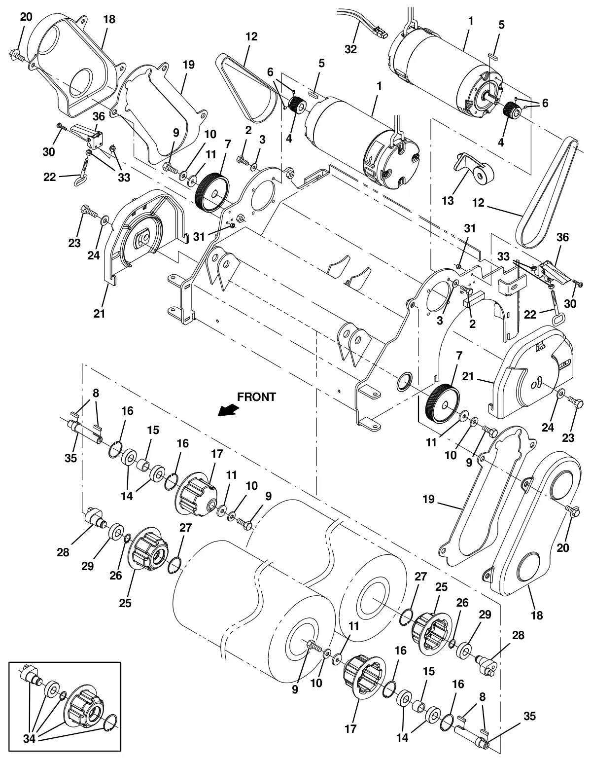 Tennant T16 scrub head drive group, cylindrical drawing, manual page 34