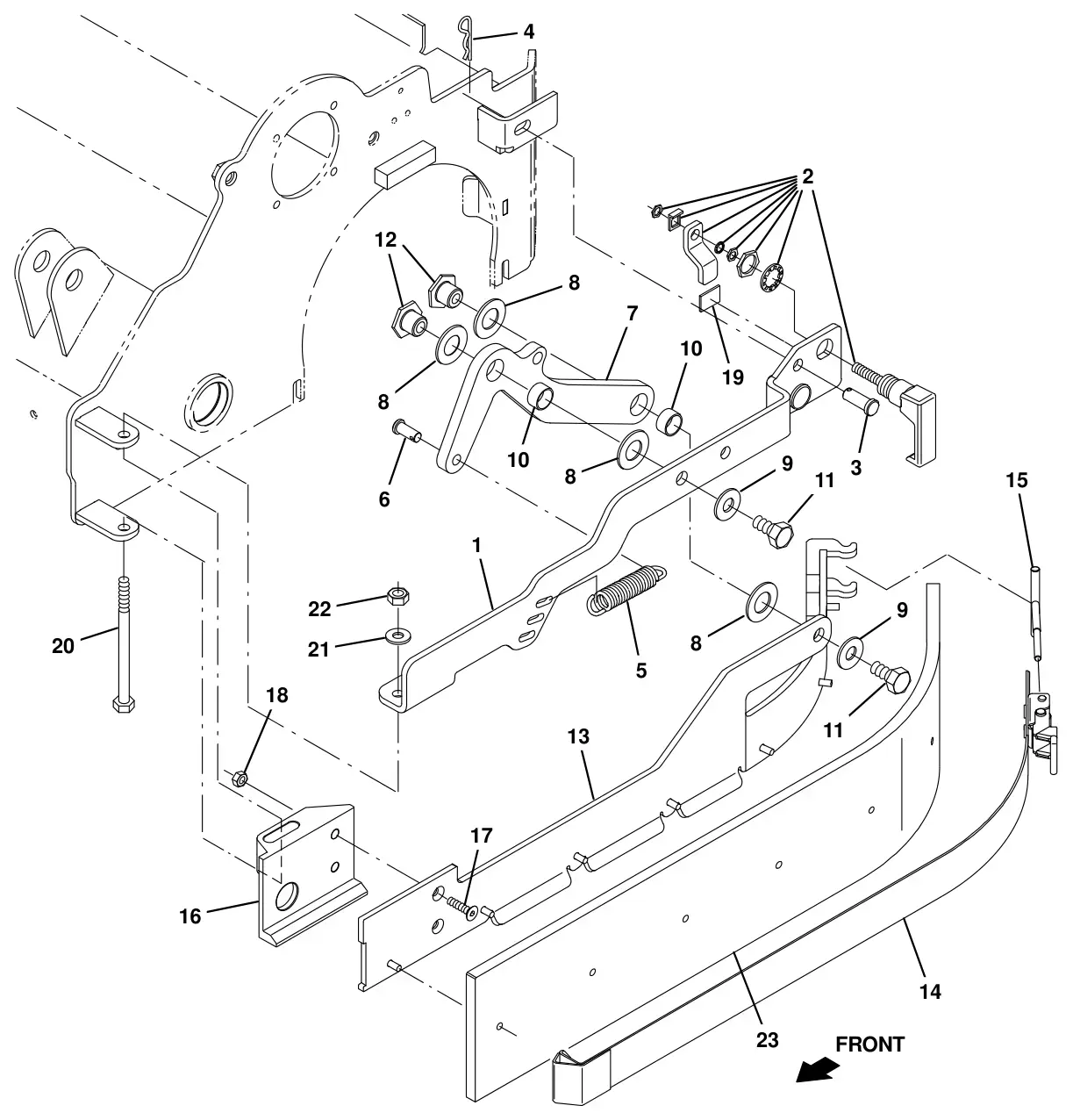 Tennant T16 scrub head side squeegee group, left hand drawing, manual page 38