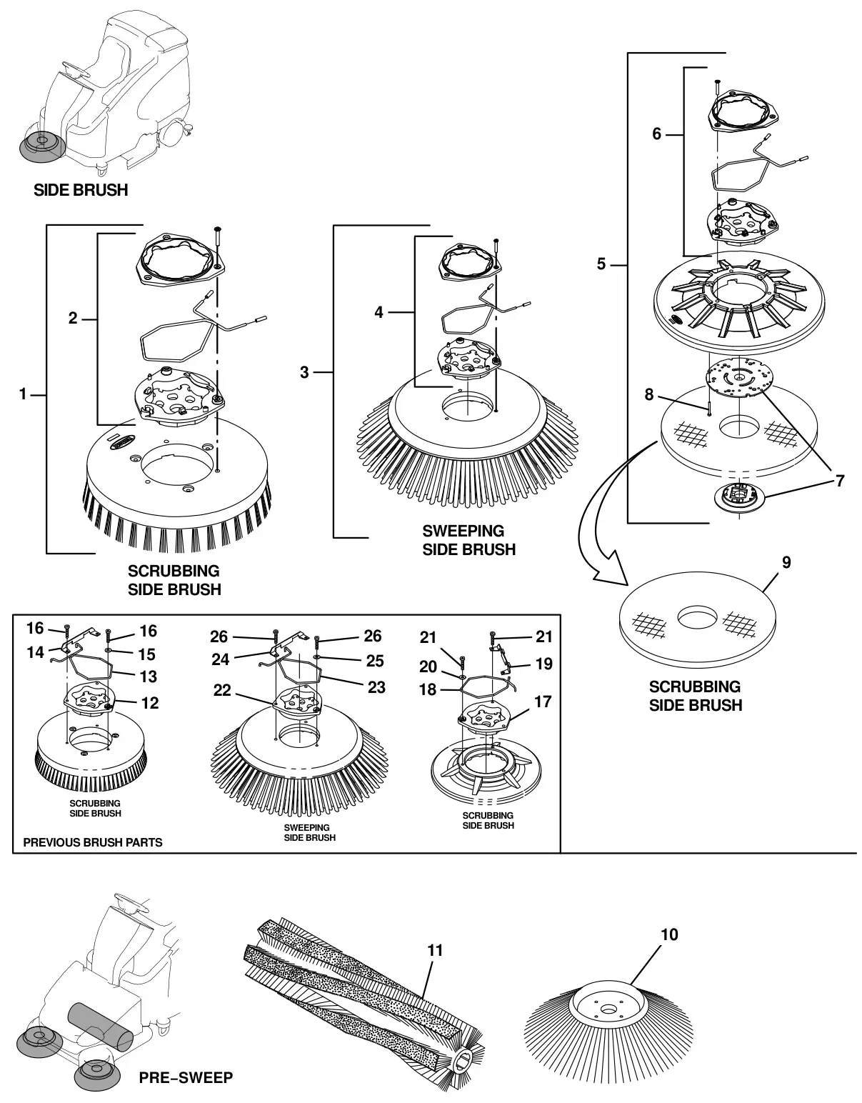Tennant T16 replacement brushes, side brush and pre - sweep drawing, manual page 10