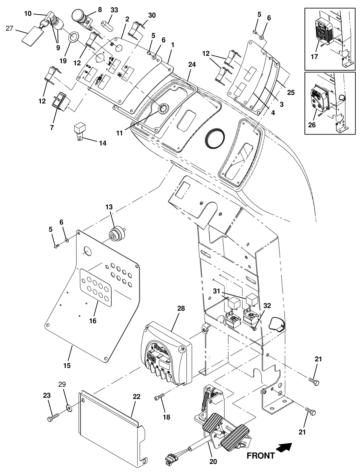 Tennant T16 instrument panel and directional pedal group drawing, manual page 18