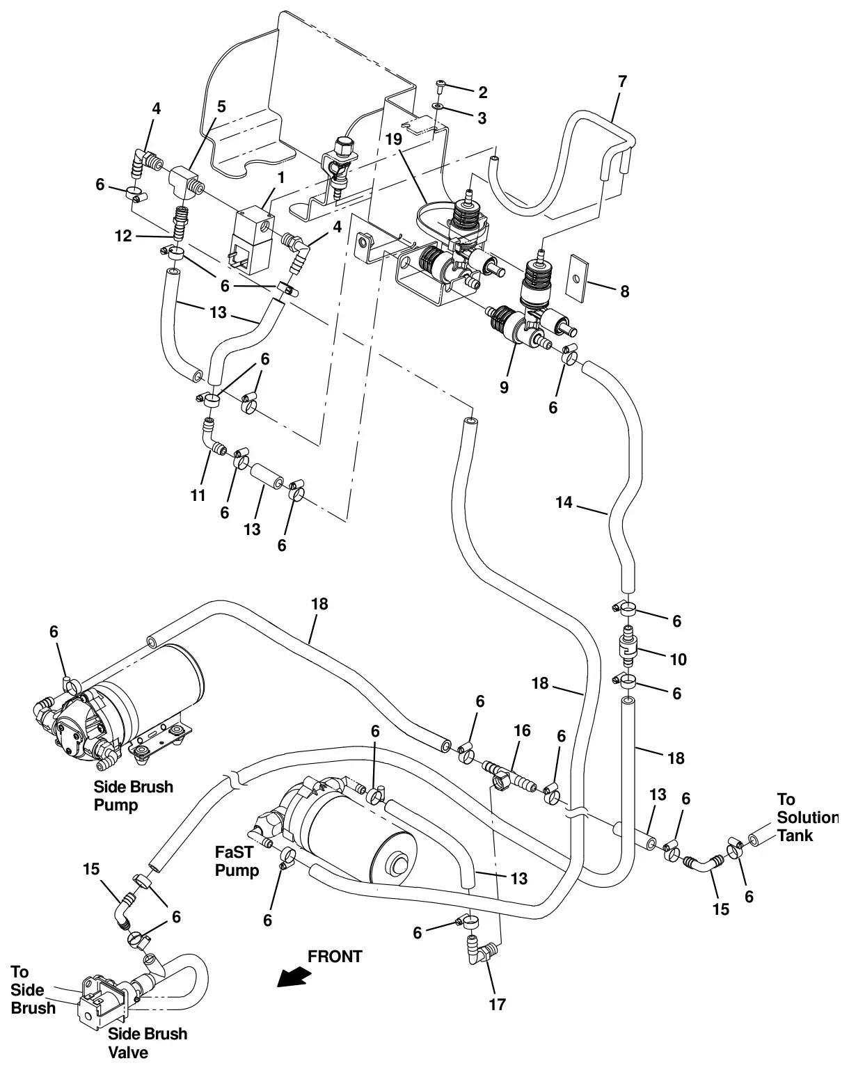 Tennant T16 fast solution supply group, side brush (option) drawing, manual page 73