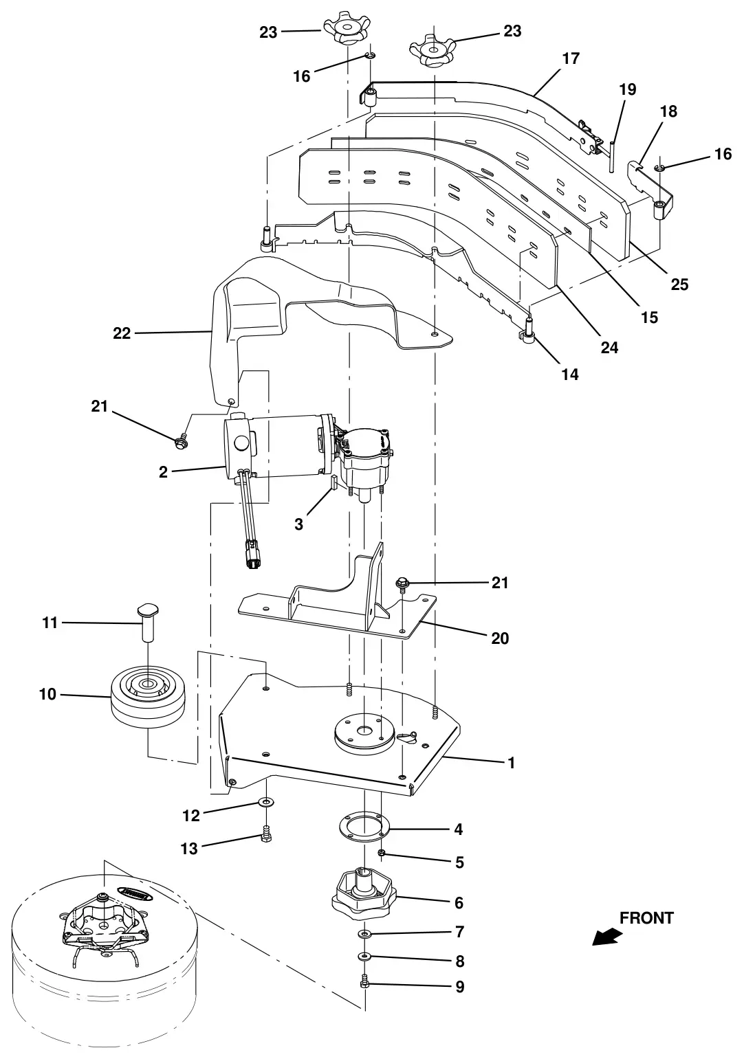 Tennant T16 side brush motor and squeegee group (option) drawing, manual page 104