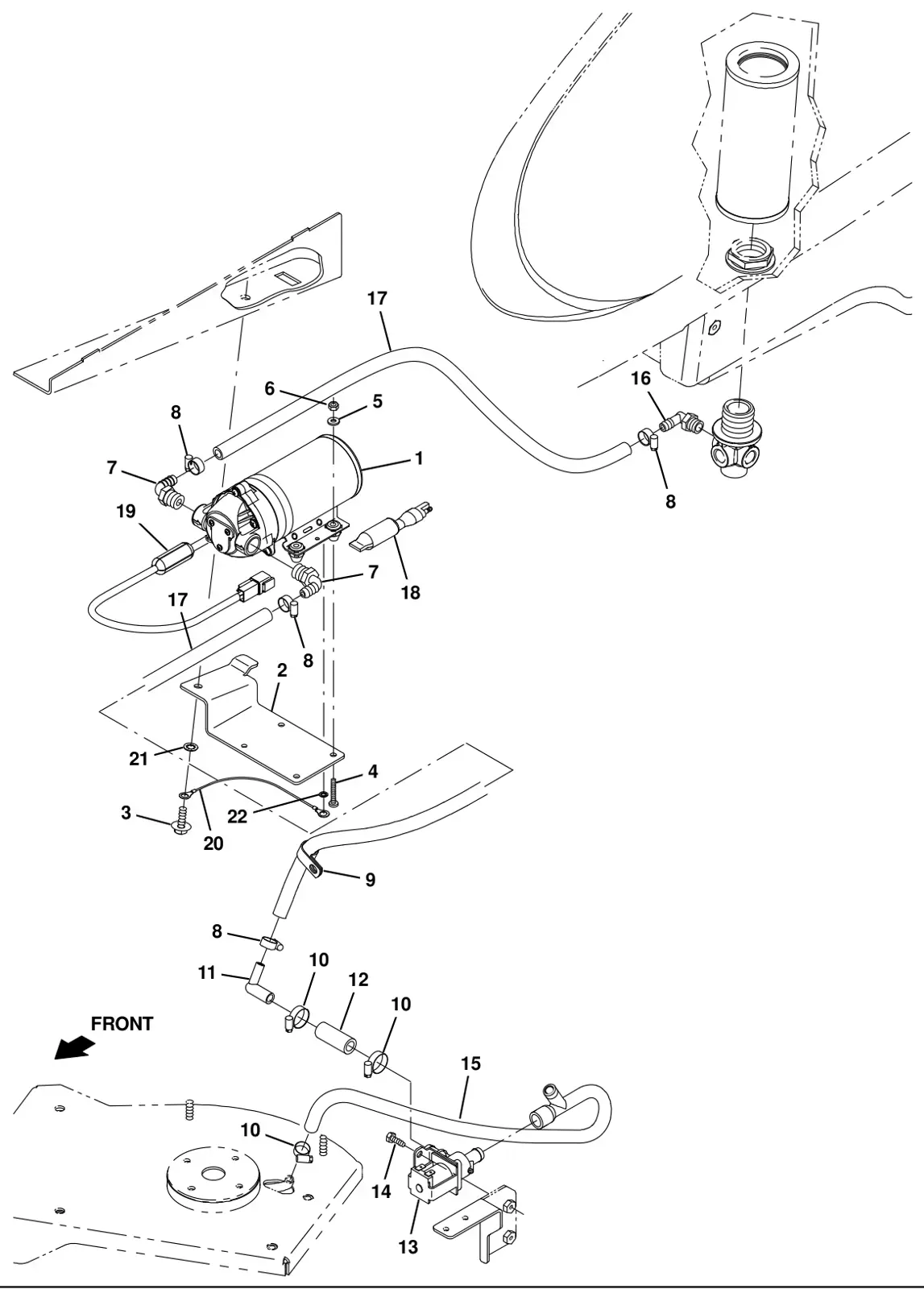 Tennant T16 side brush solution supply group (option) drawing, manual page 108