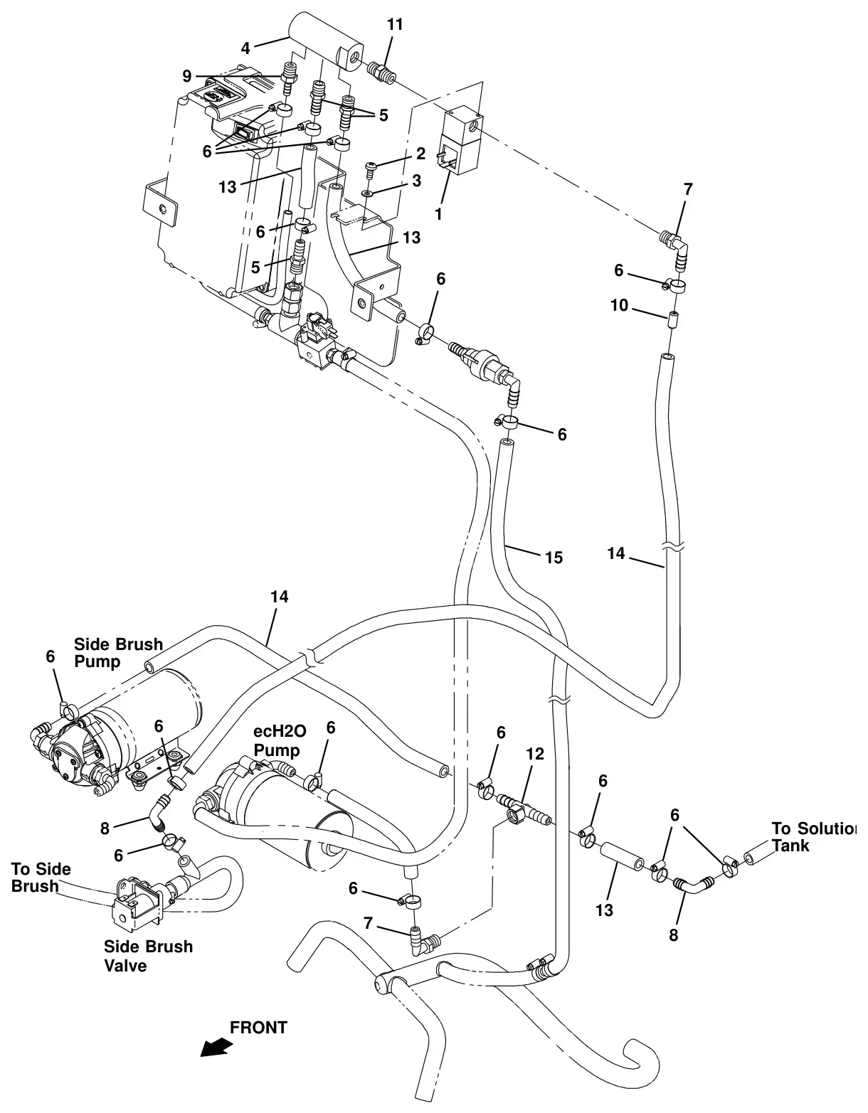Tennant T16 ec-h2o solution supply group, side brush (option) drawing, manual page 68