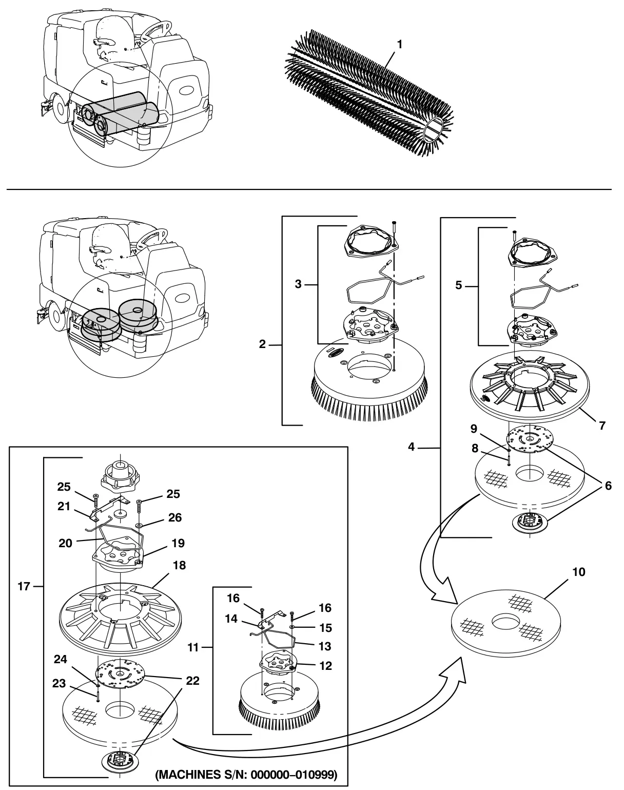 Tennant T17 replacement brushes, scrub head drawing, manual page 8