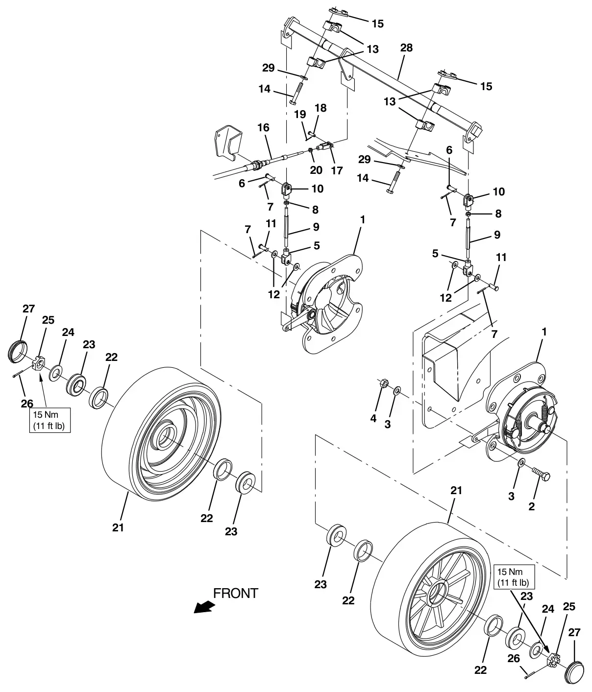 Tennant T17 rear wheels and brake group drawing, manual page 36
