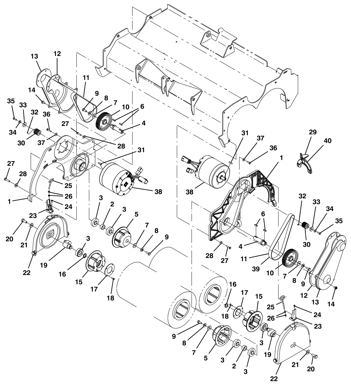 Tennant T17 scrub head drive motors group, cylindrical drawing, manual page 44