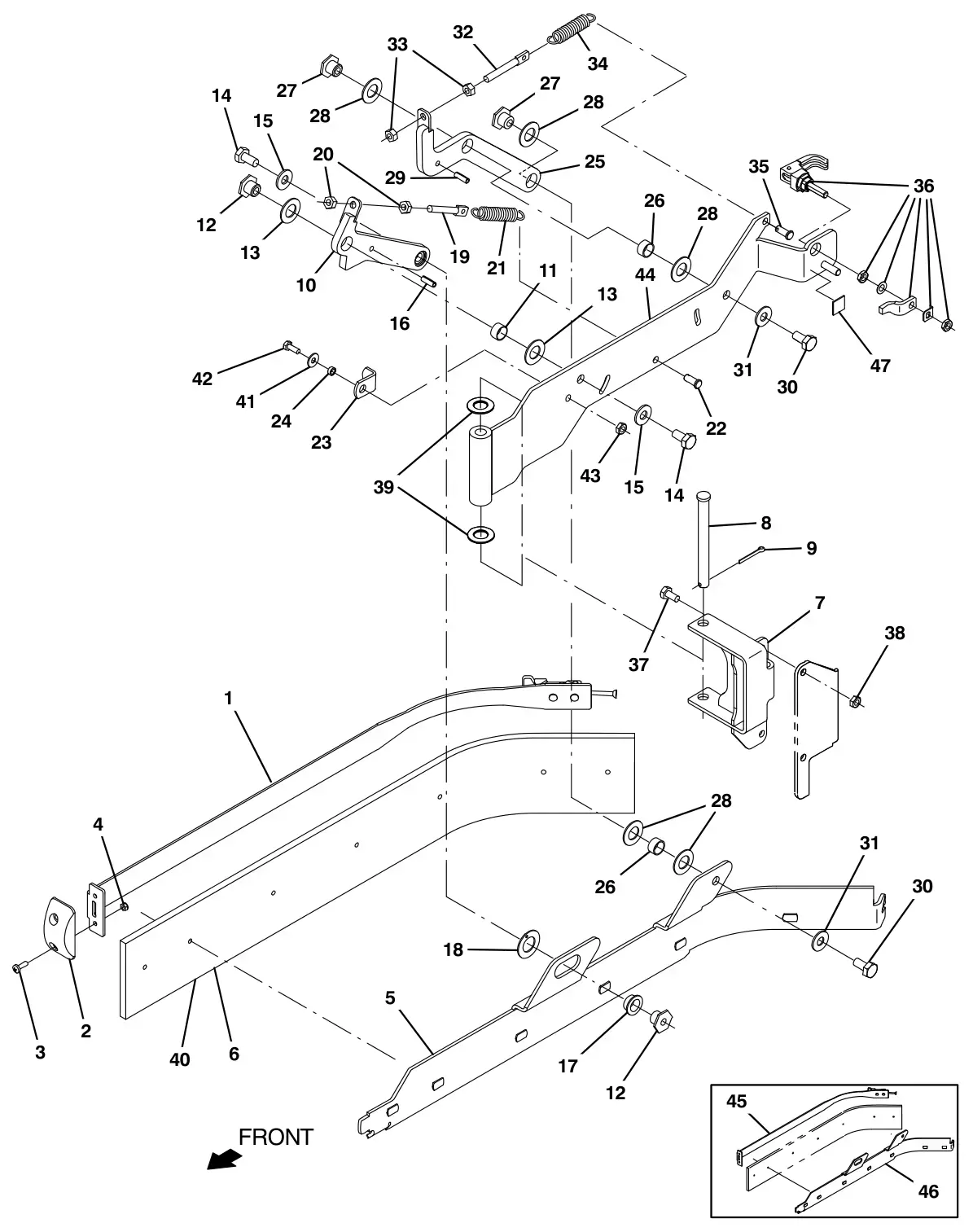 Tennant T17 scrub head side squeegee group, right hand (000000 - 015134) drawing, manual page 46