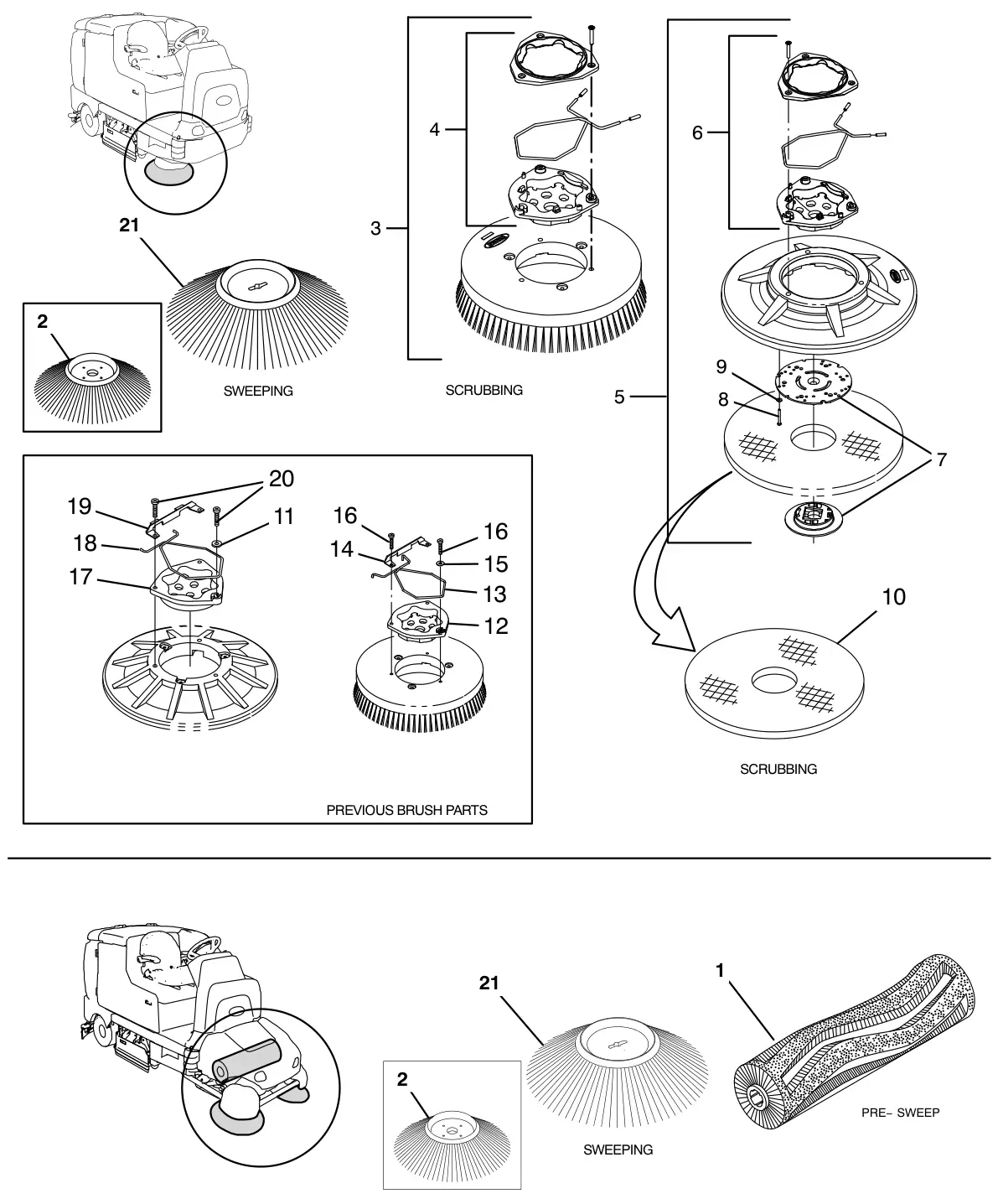 Tennant T17 replacement brushes, side brush and pre - sweep drawing, manual page 10