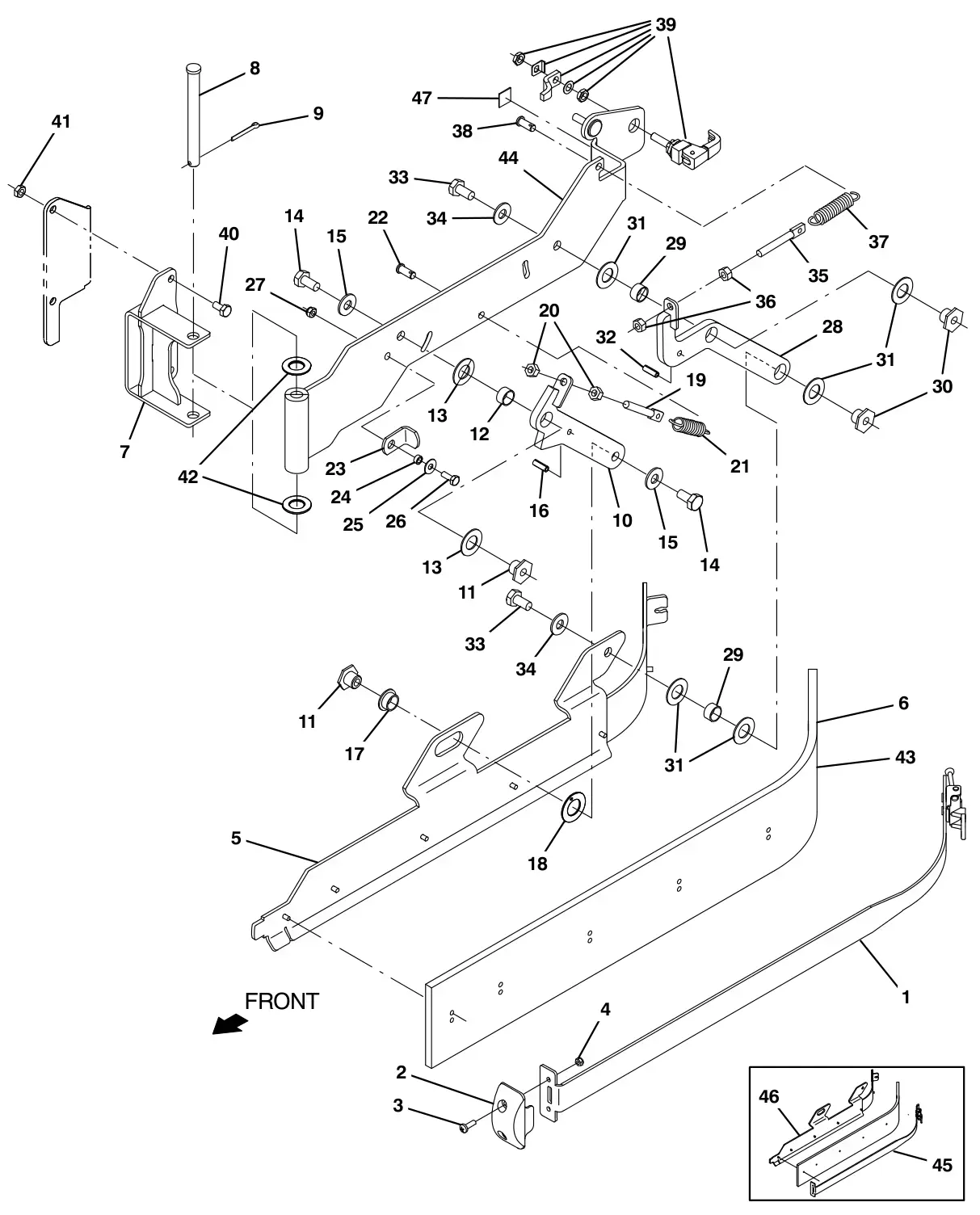 Tennant T17 scrub head side squeegee group, left hand (000000 - 015134) drawing, manual page 50