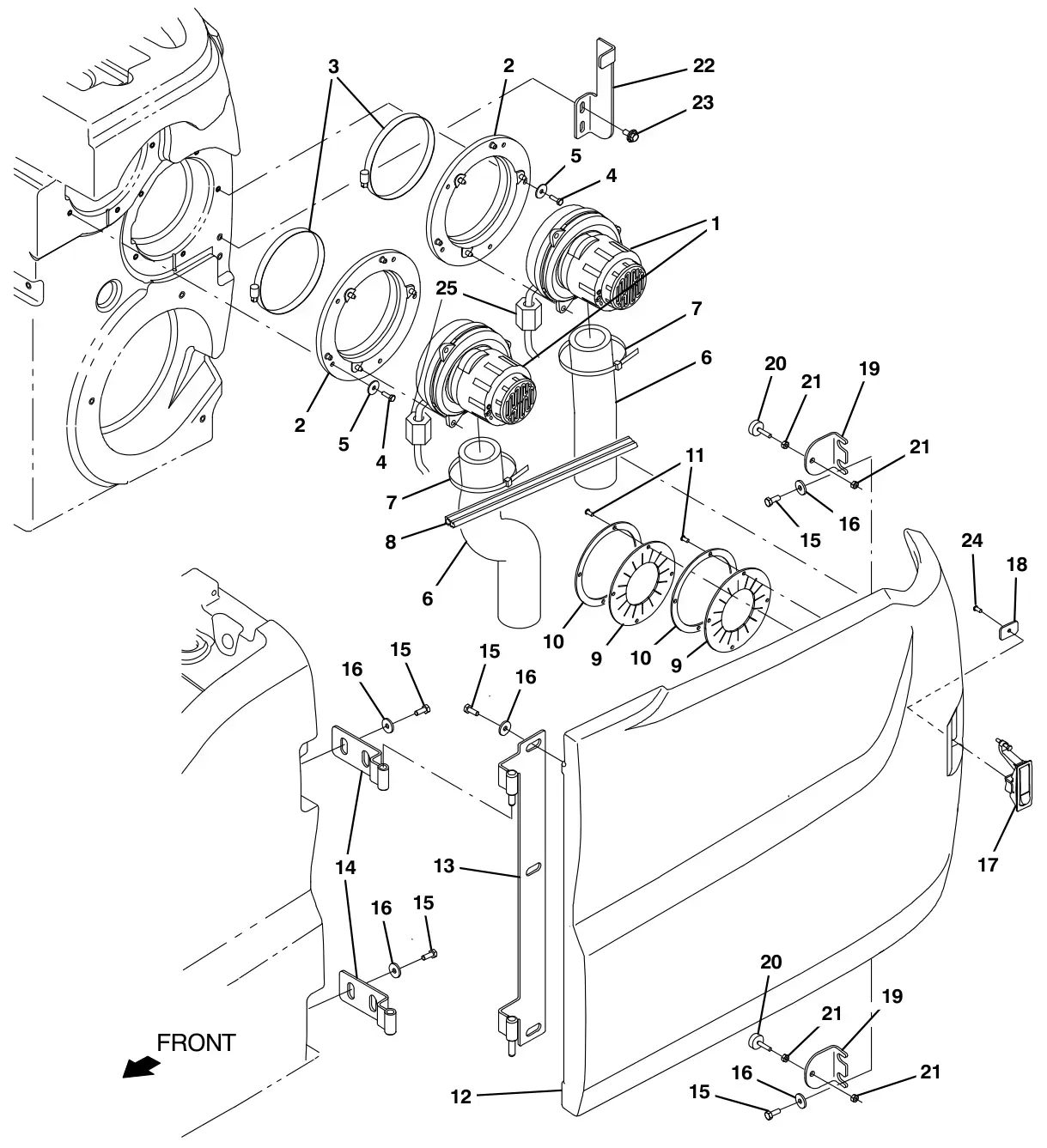 Tennant T17 vacuum fans and rear side door group drawing, manual page 62
