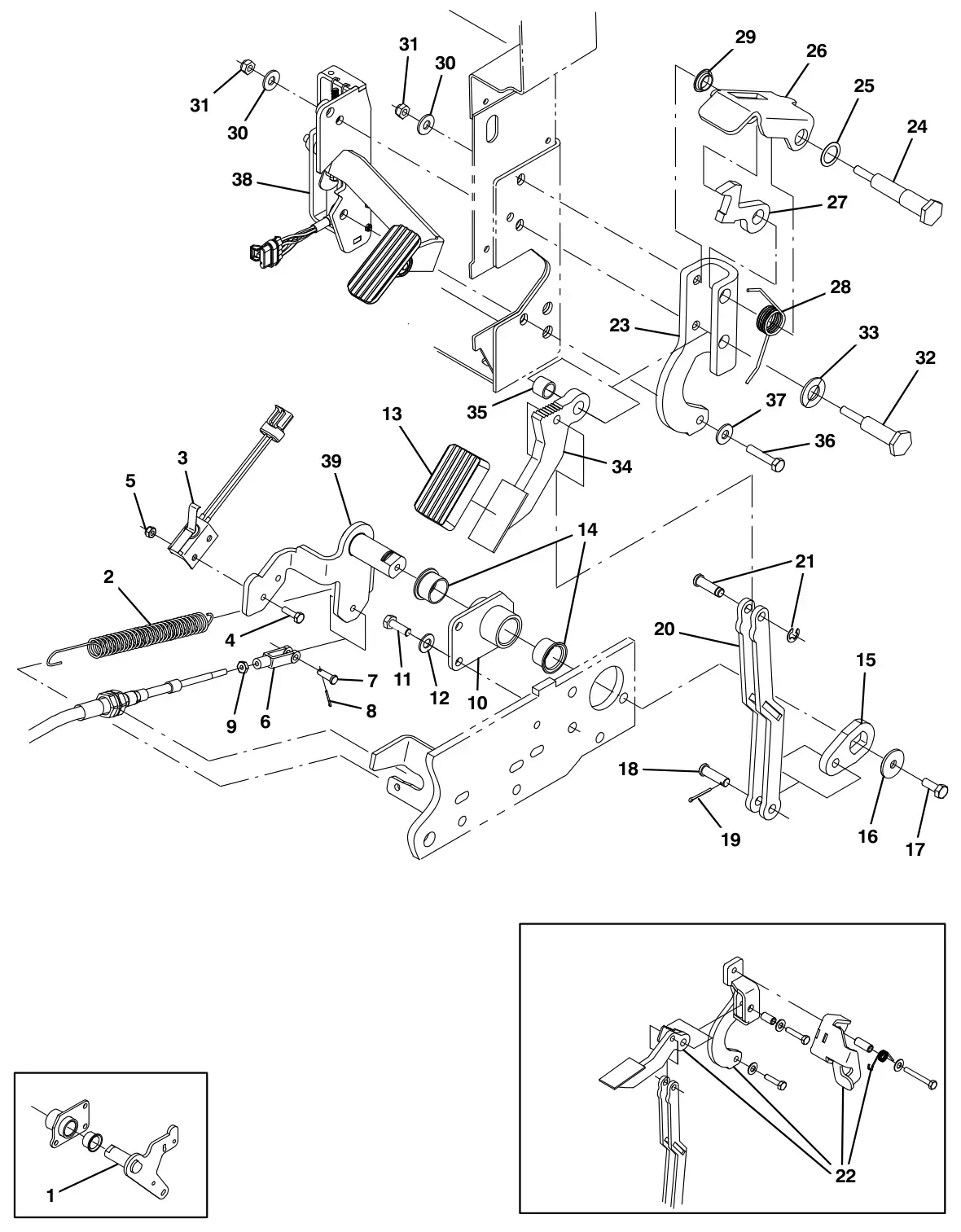 Tennant T17 brake and directional pedals group drawing, manual page 20
