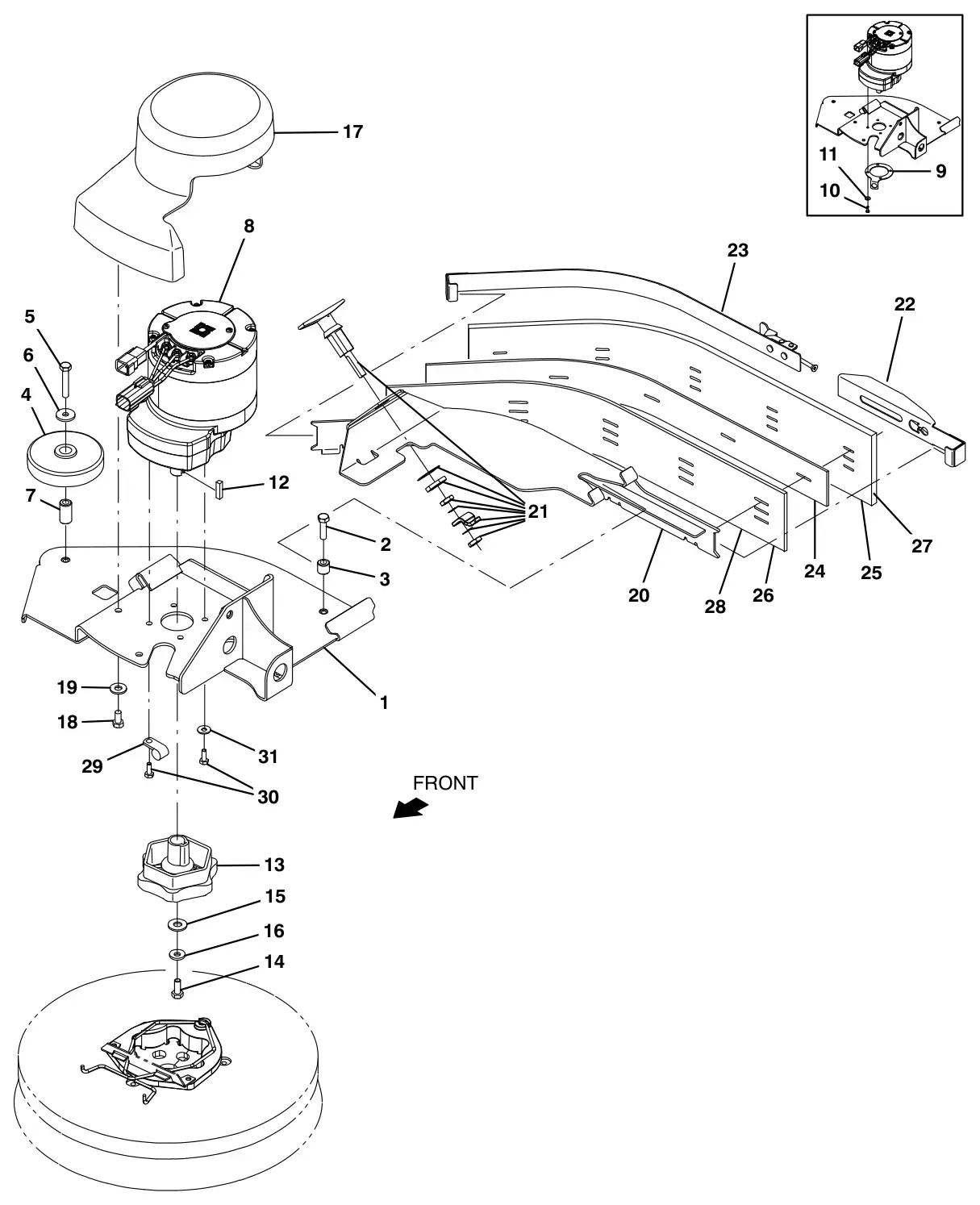Tennant T17 scrubbing side brush motor and squeegee group (option) drawing, manual page 100