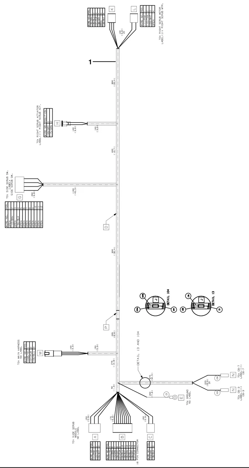 Tennant T17 scrubbing side brush wire harness group (option) drawing, manual page 108