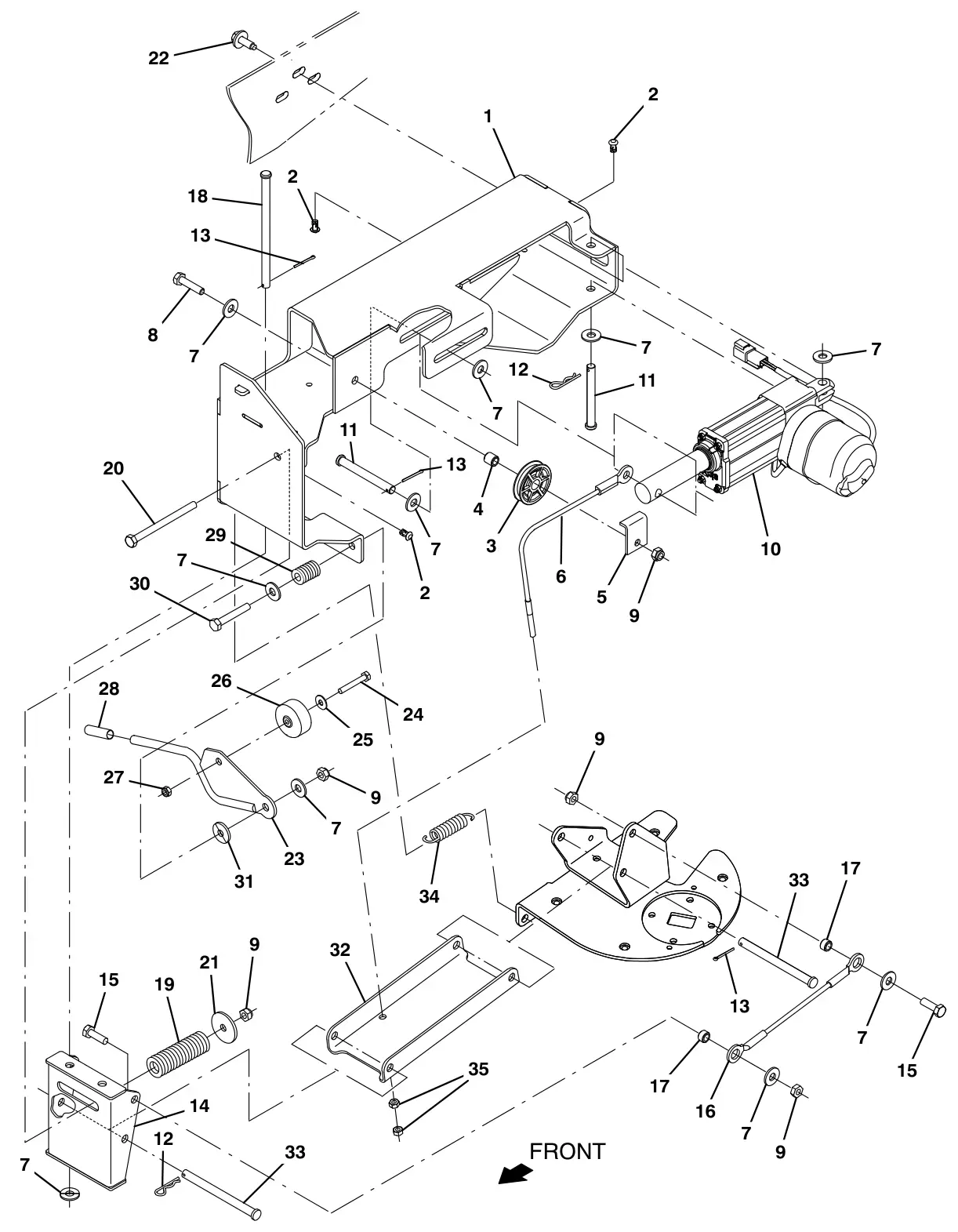 Tennant T17 sweeping side brush lift group, left side (option) drawing, manual page 116