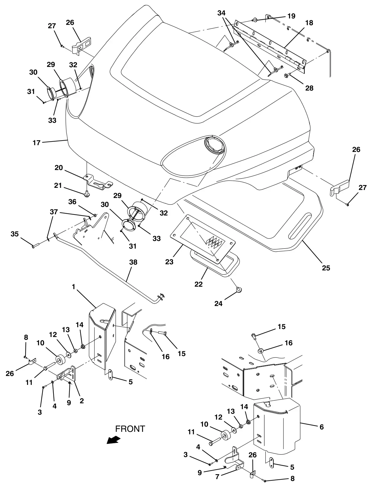 Tennant T17 pre - sweep hopper cover group (option) drawing, manual page 122