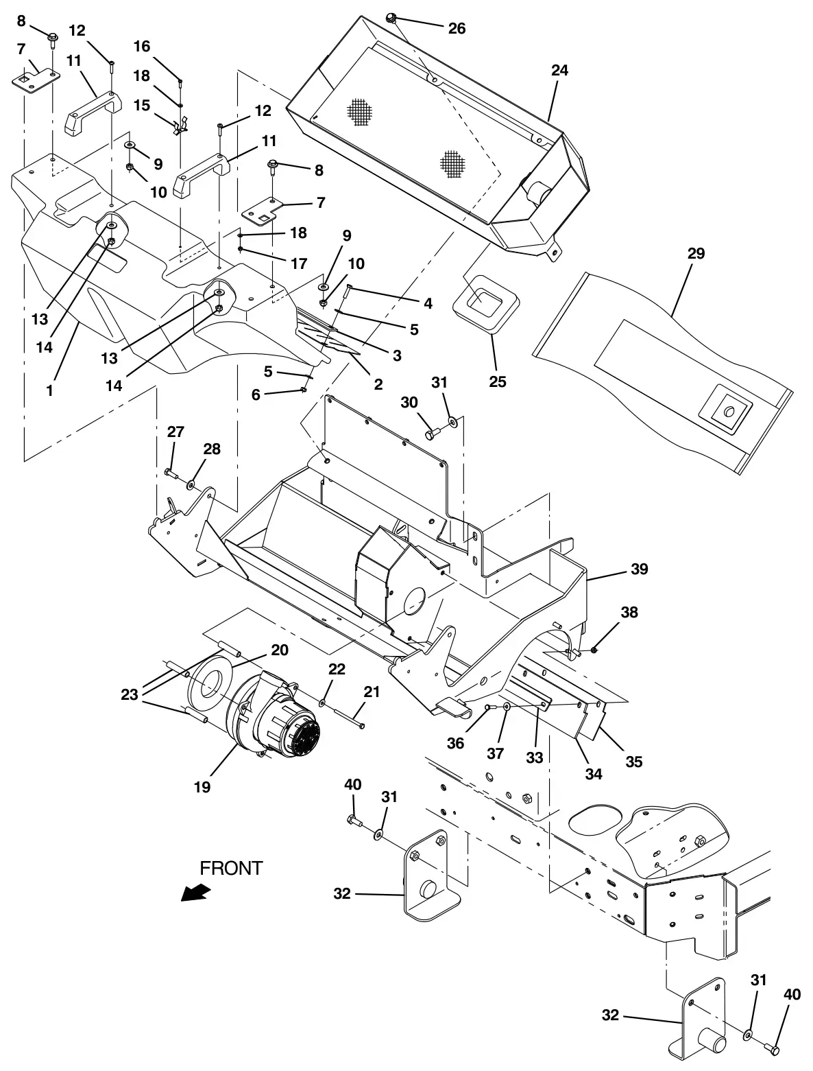 Tennant T17 pre - sweep hopper and vacuum fan group (option) drawing, manual page 124