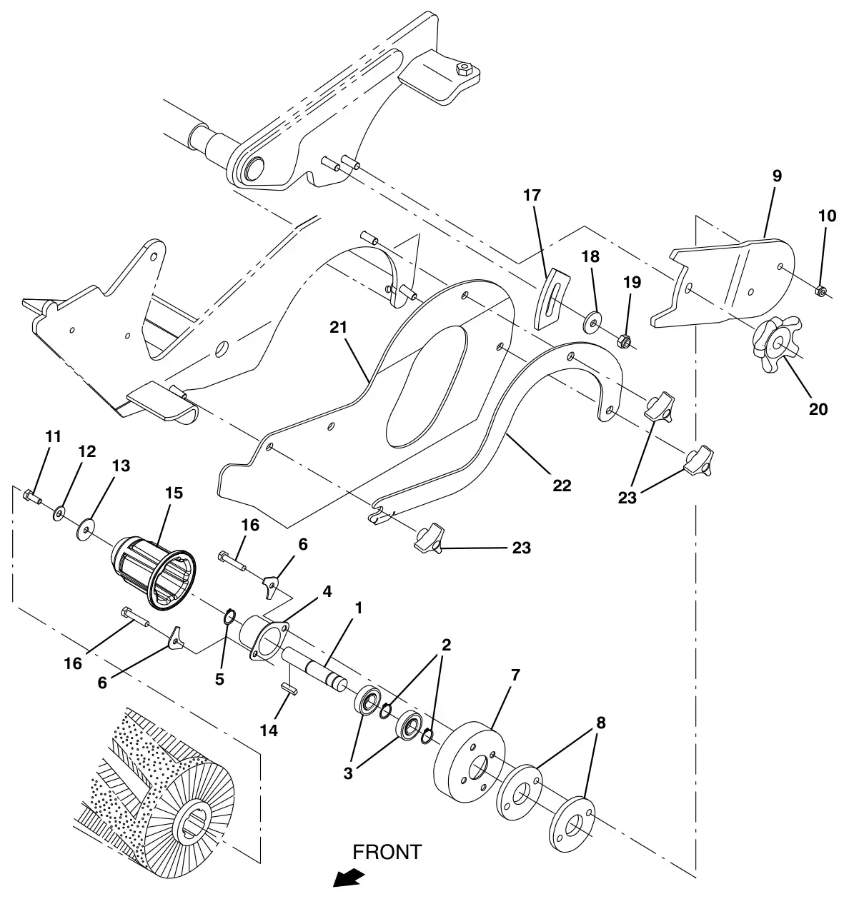 Tennant T17 pre - sweep brush idler group (option) drawing, manual page 128