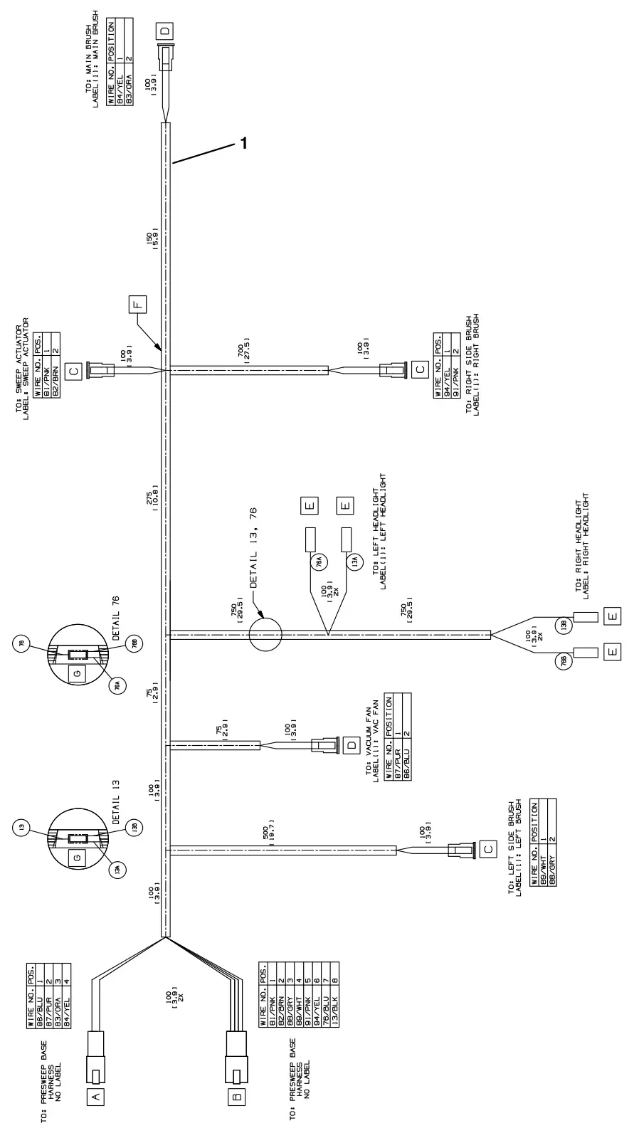 Tennant T17 pre - sweep wire harnesses group (option) drawing, manual page 134