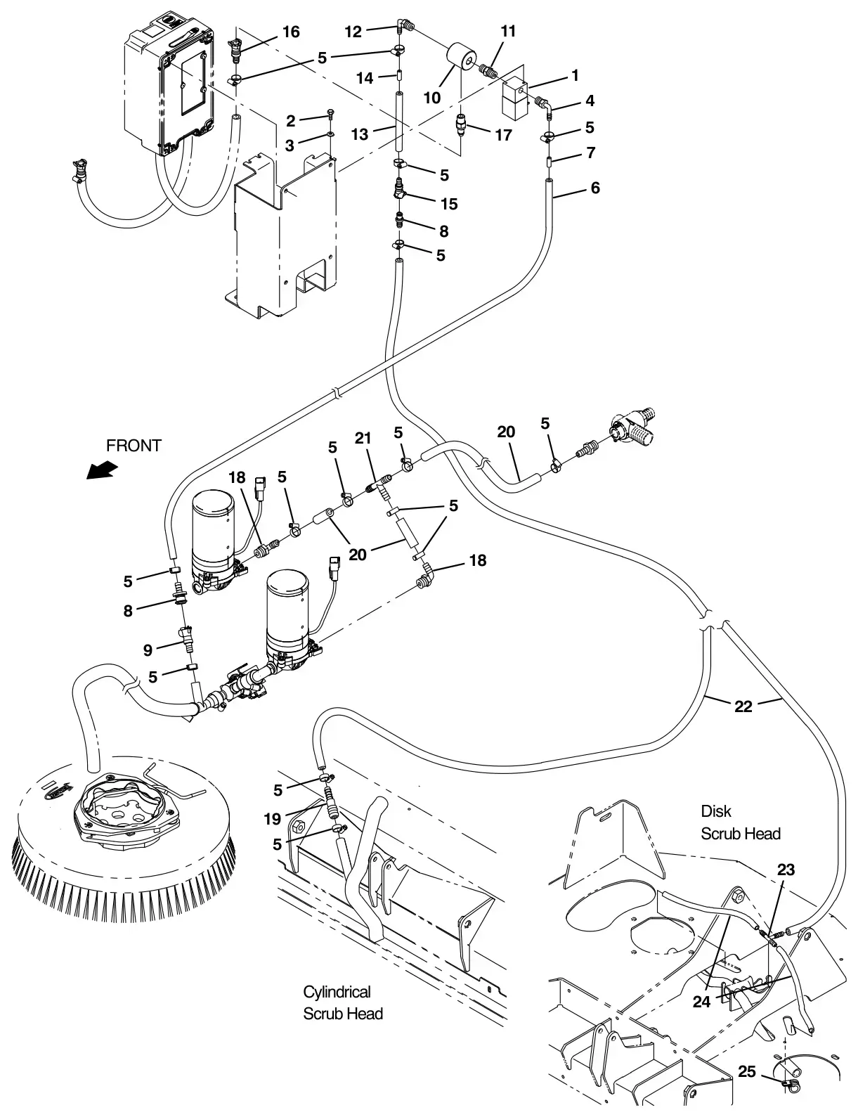 Tennant T17 ec-h2o solution supply group, side brush (option) drawing, manual page 148