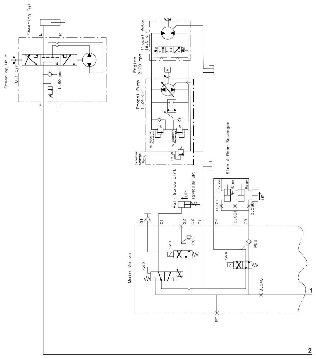 Tennant T20 Diesel hydraulic schematic, sheet 1, manual page 107