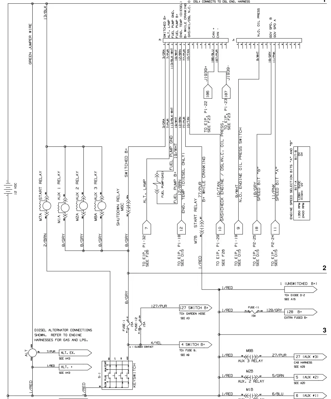 Tennant T20 Diesel electrical schematic (s/n 008000 - 013000), sheet 1, manual page 127