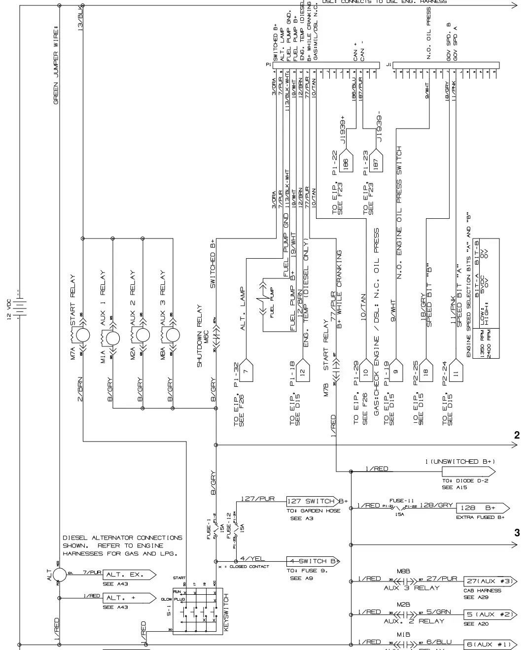 Tennant T20 Diesel electrical schematic (s/n 013001 -), sheet 1, manual page 135